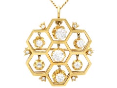 1.29 Carat Diamond and Yellow Gold Honeycomb Pendant / Brooch