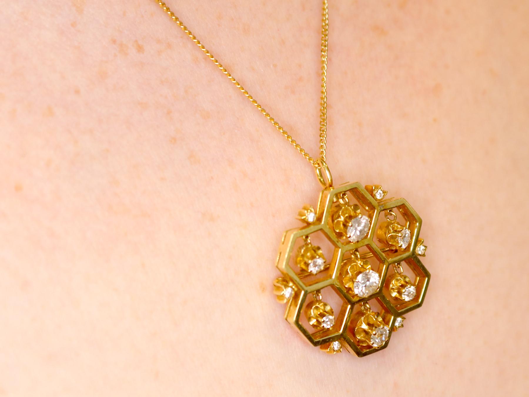1.29 Carat Diamond and Yellow Gold Honeycomb Pendant / Brooch For Sale 5