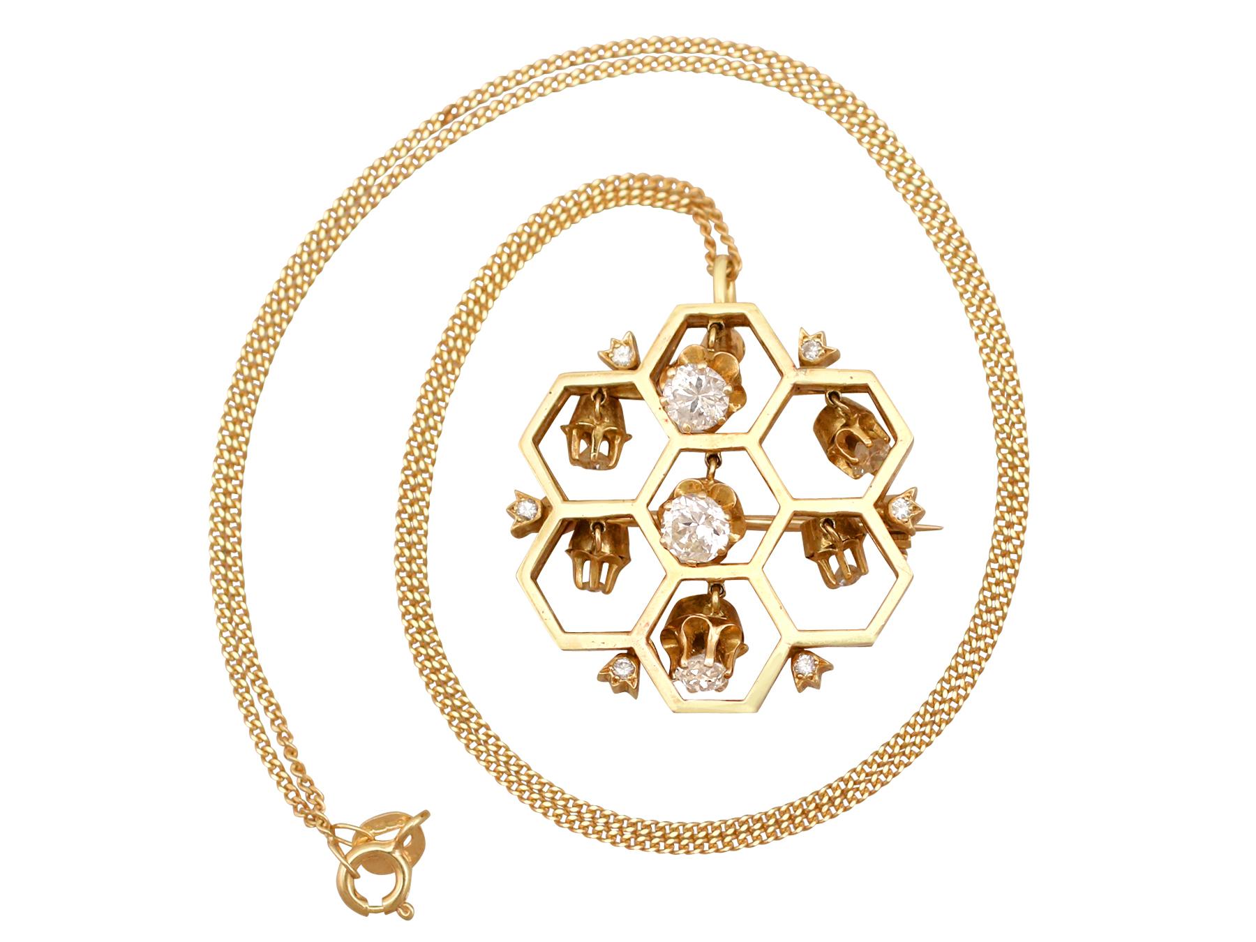 A stunning, fine and impressive 1.29 carat diamond and 18 karat yellow gold pendant/brooch; part of our diverse antique and vintage jewellery/estate jewelry collections.

This stunning, fine and impressive honeycomb diamond pendant has been crafted