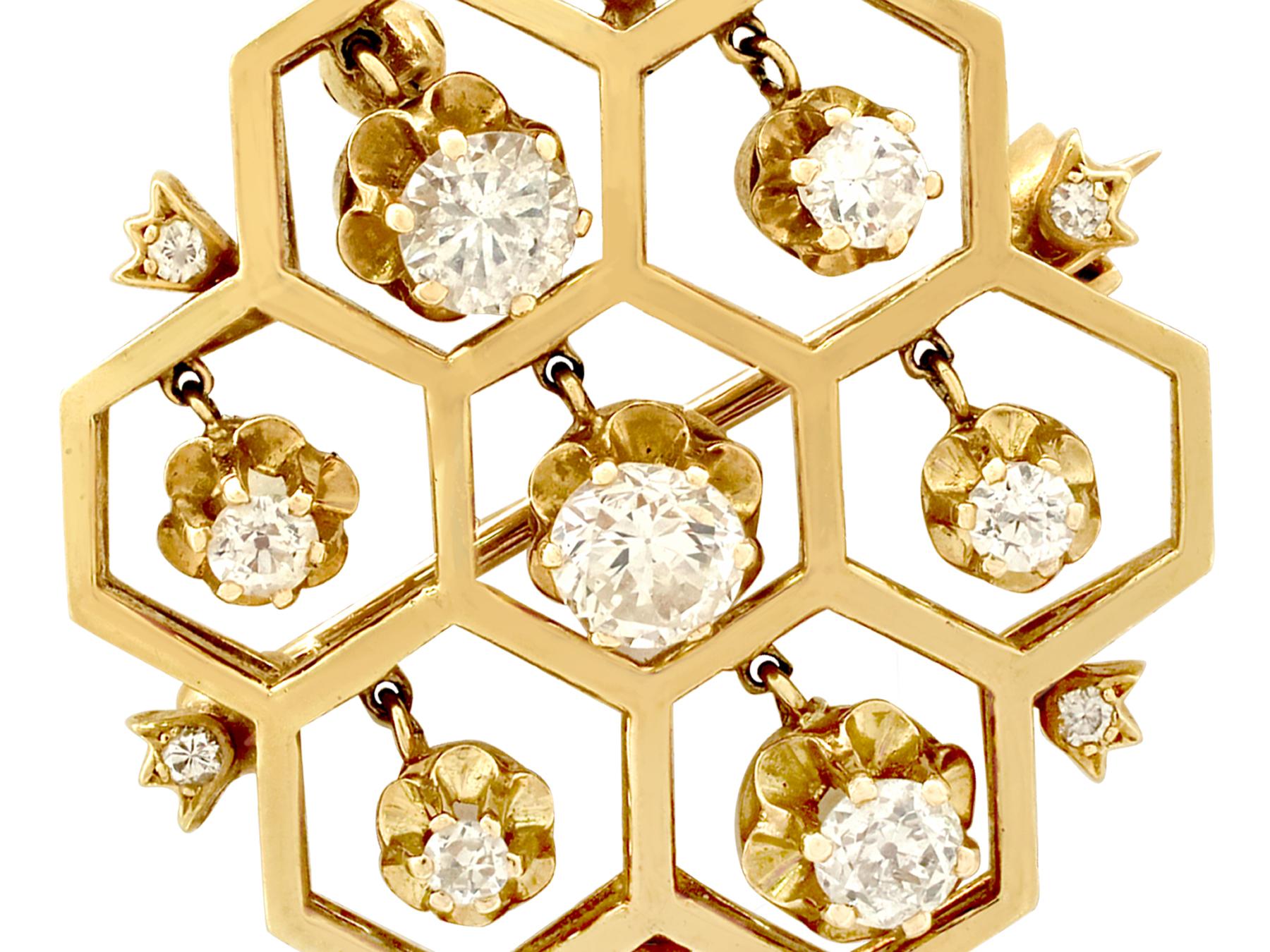 Old European Cut 1.29 Carat Diamond and Yellow Gold Honeycomb Pendant / Brooch For Sale