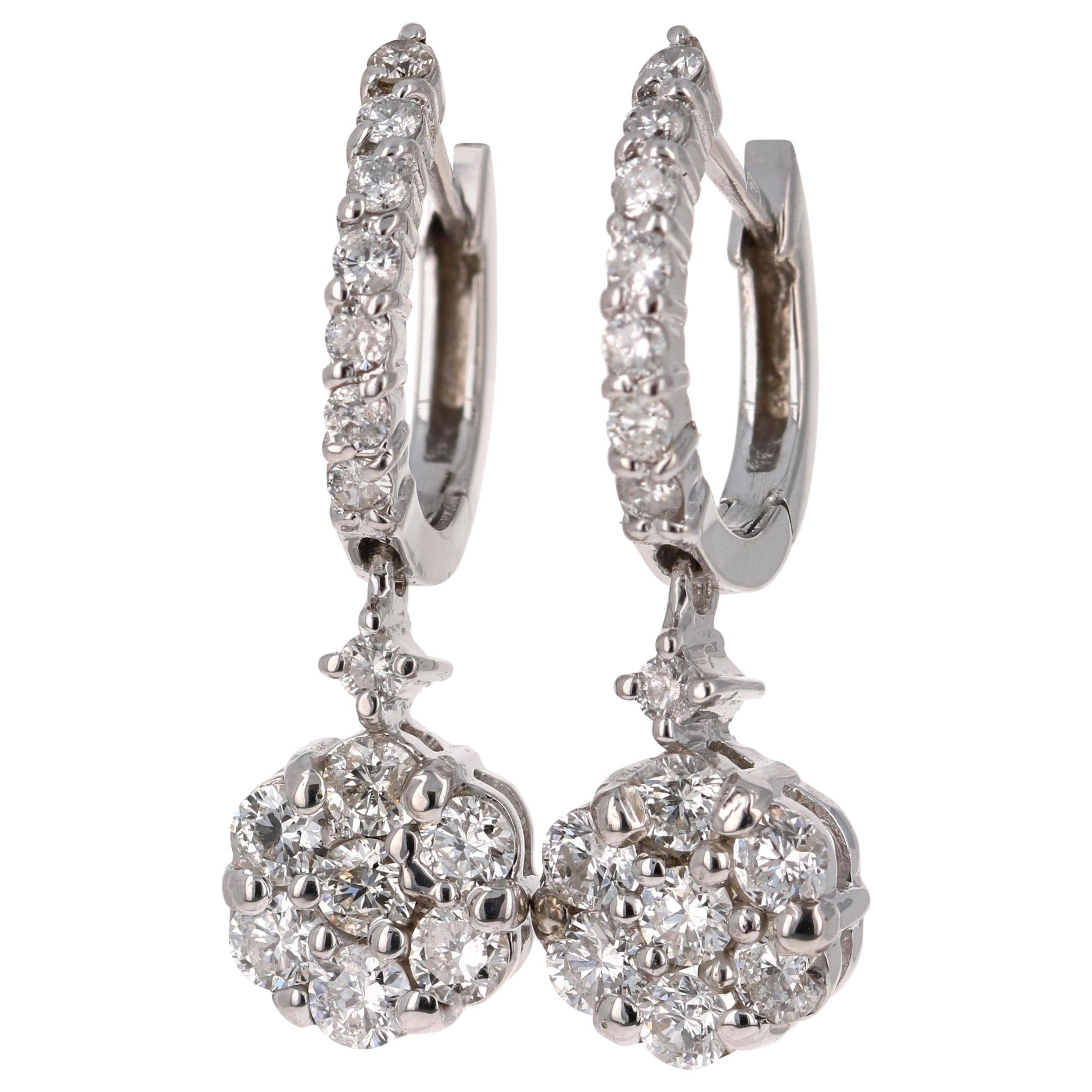 1.29 Carat Diamond Floret Design 14 Karat White Gold Earrings For Sale