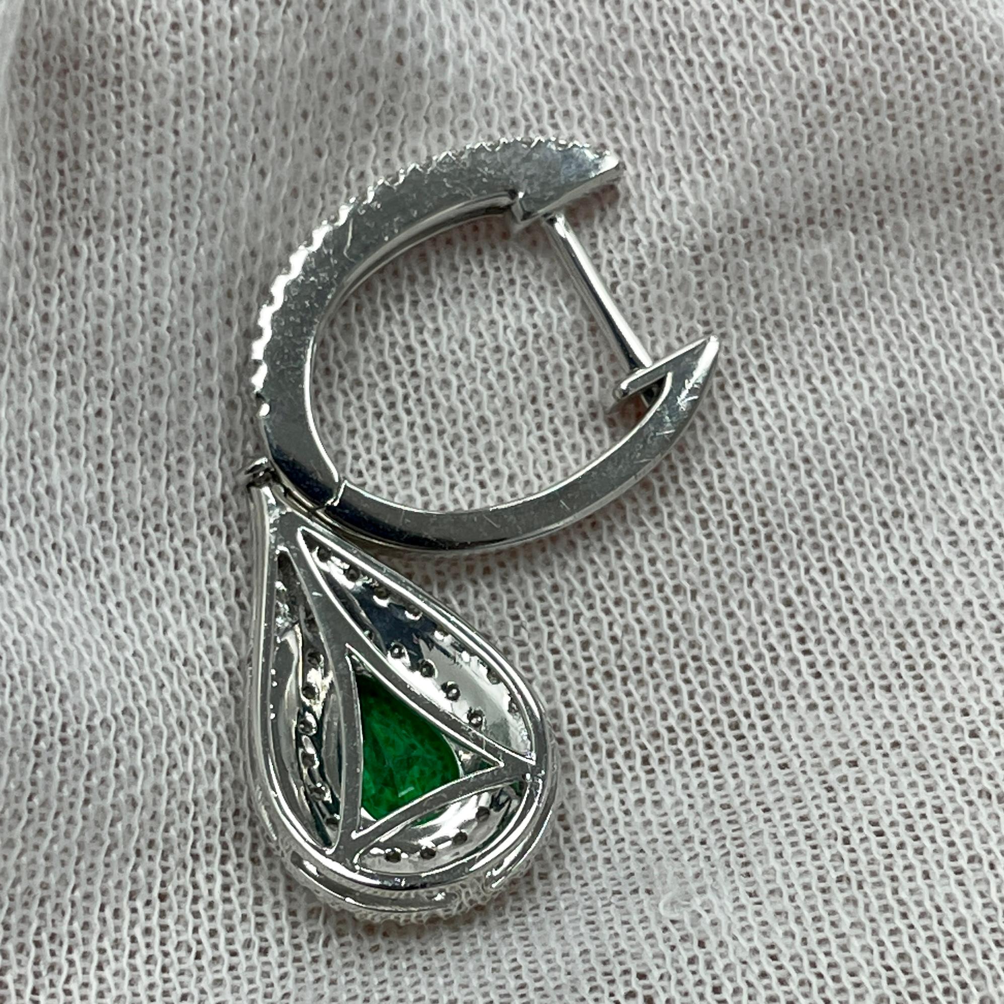Pear Cut 1.29 Carat Emerald, Diamond & White Gold Earrings For Sale