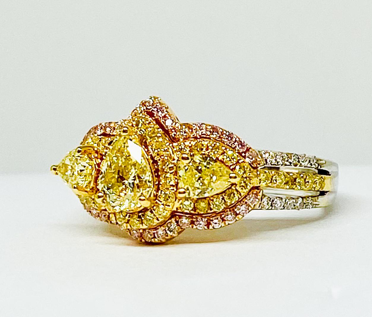 1.29 Carat Fancy Yellow Diamond and Pink Diamond Ring For Sale 1
