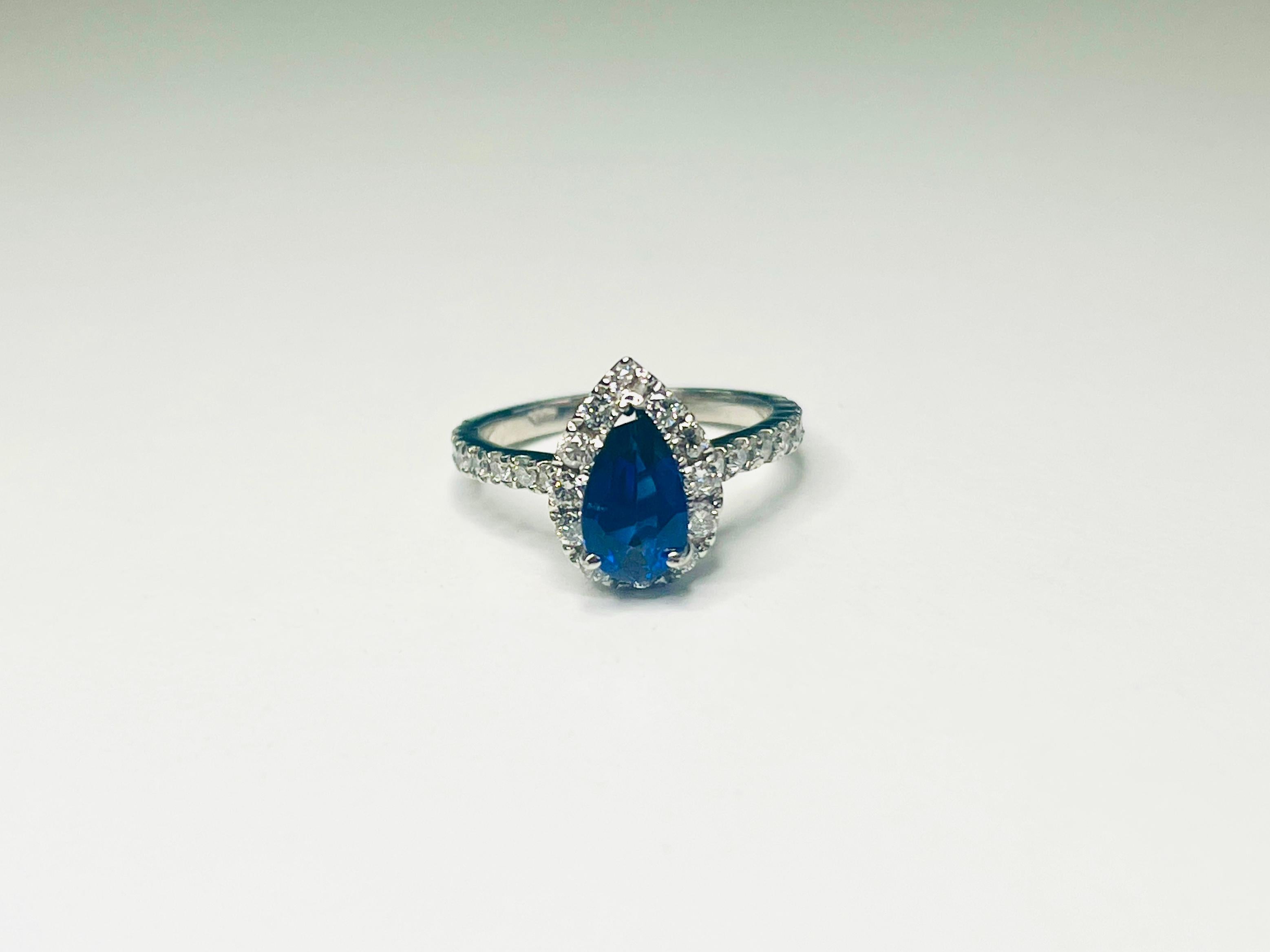 Pear Cut 1.29 Carat Intense Blue Pear Shape Natural Sapphire 14K White Gold Diamond Ring For Sale