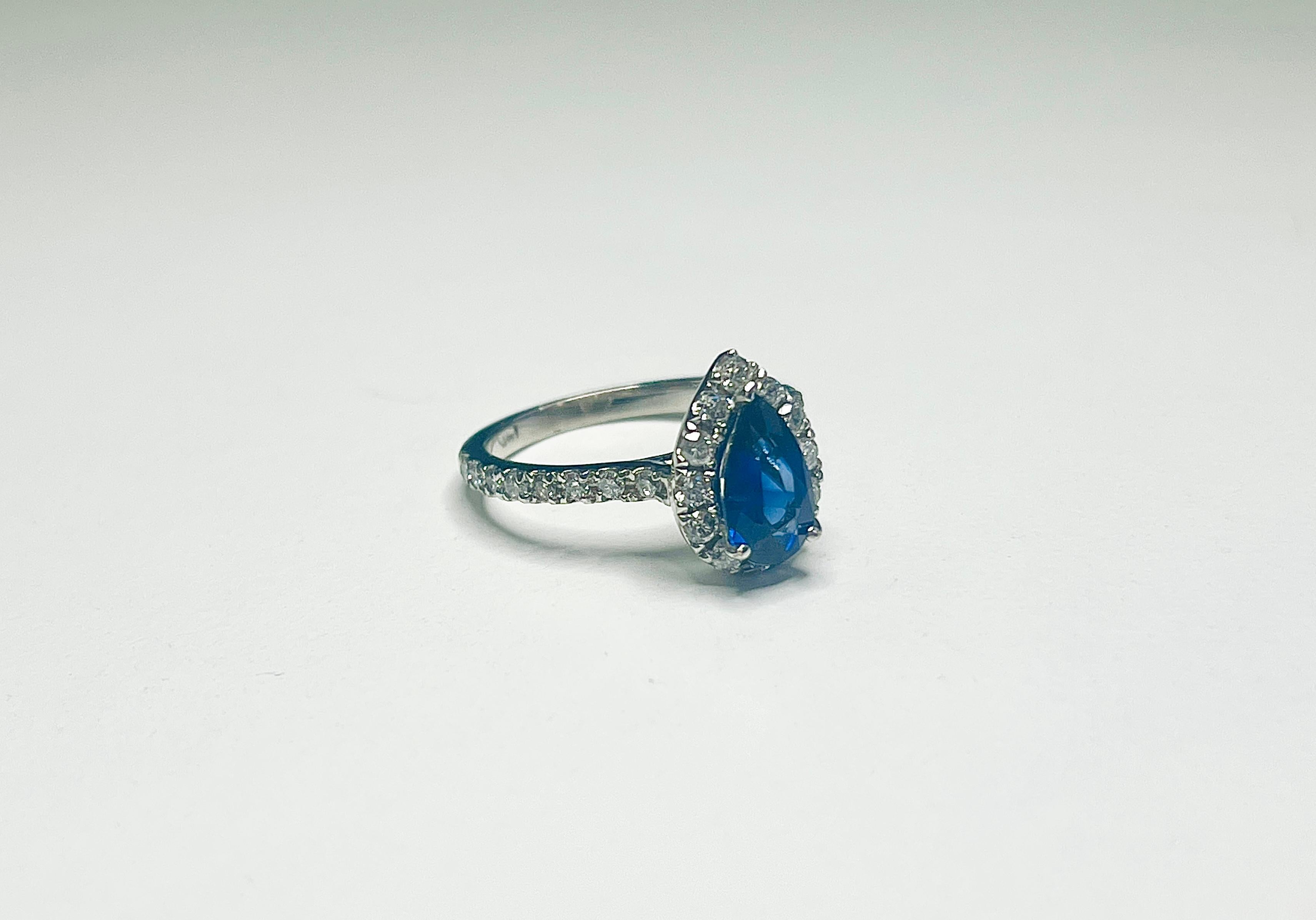 Women's or Men's 1.29 Carat Intense Blue Pear Shape Natural Sapphire 14K White Gold Diamond Ring For Sale