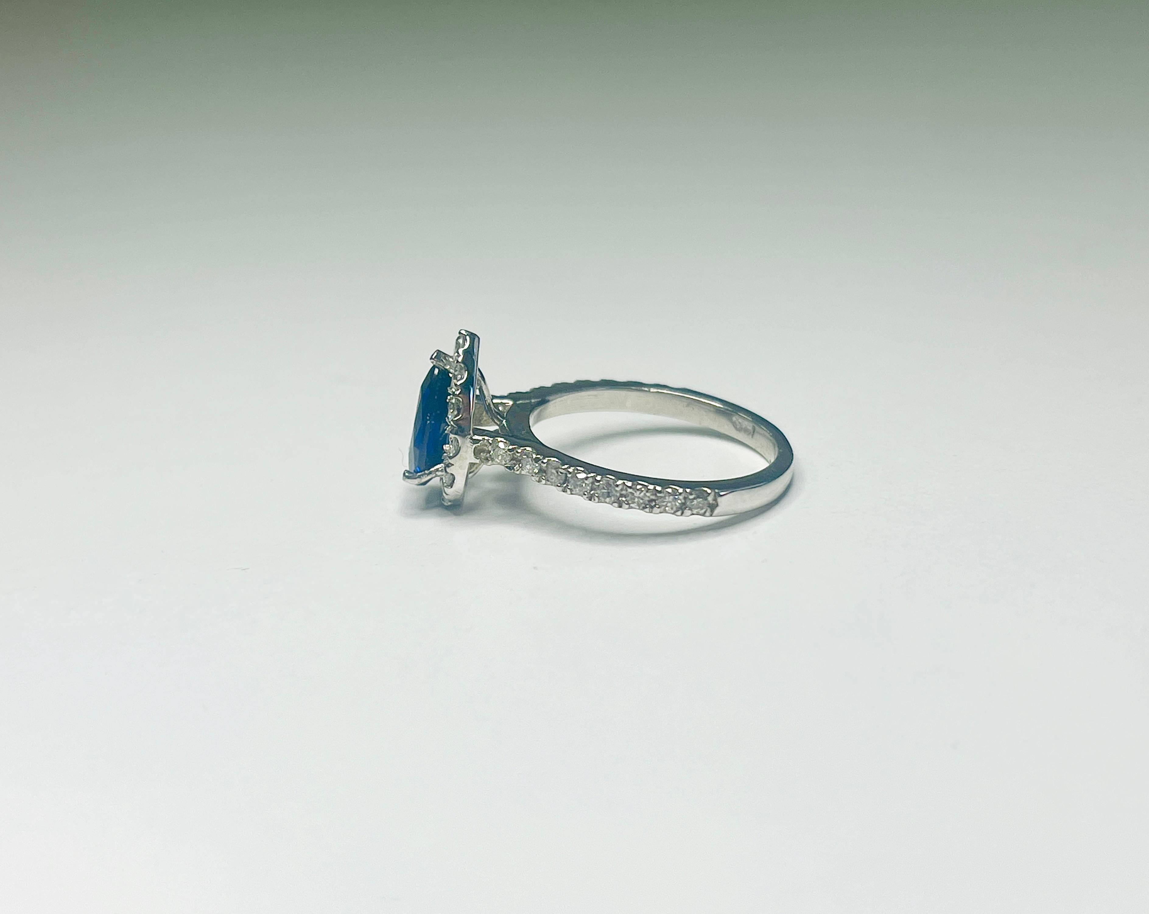 1.29 Carat Intense Blue Pear Shape Natural Sapphire 14K White Gold Diamond Ring For Sale 1