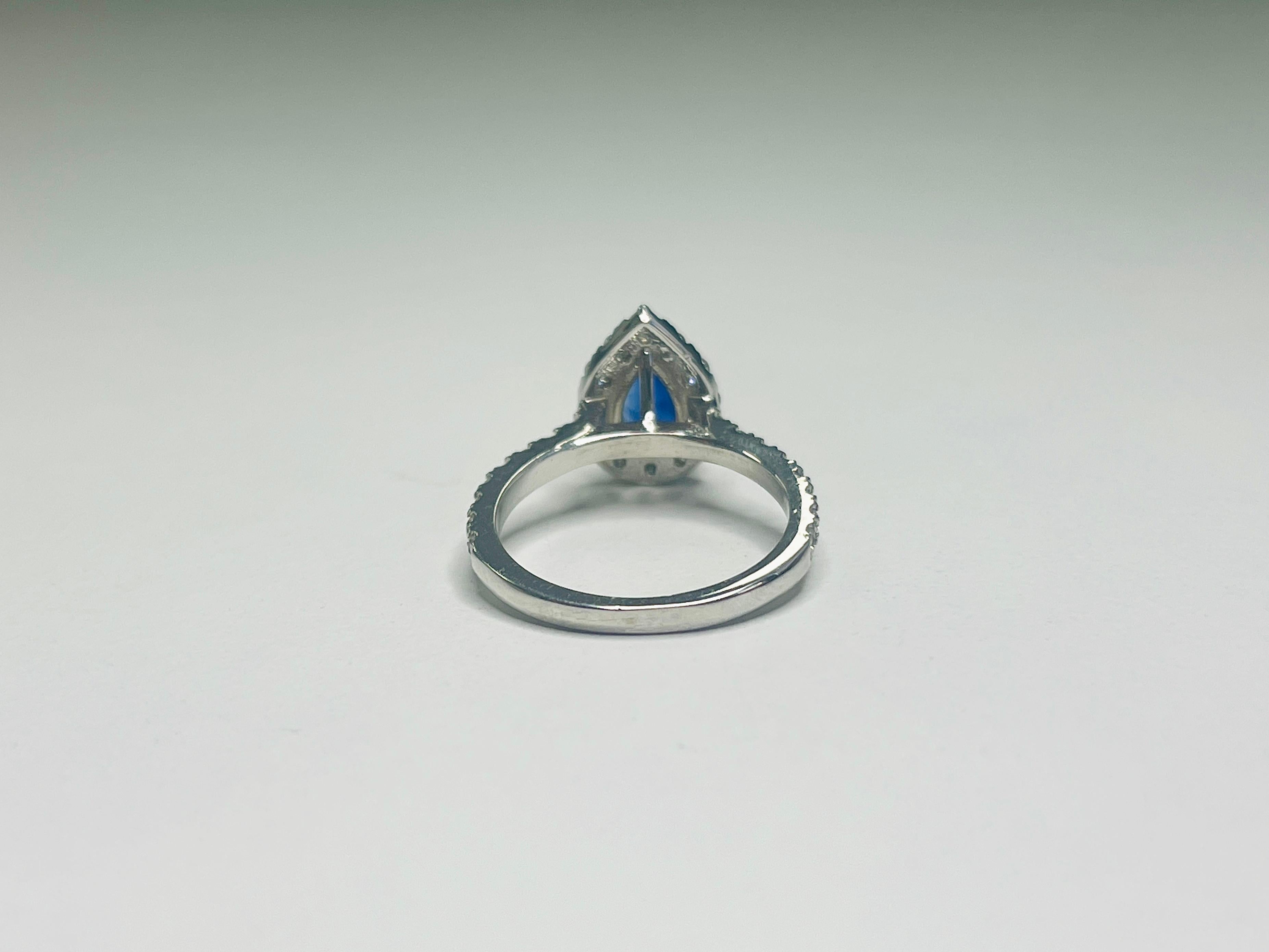 1.29 Carat Intense Blue Pear Shape Natural Sapphire 14K White Gold Diamond Ring For Sale 4