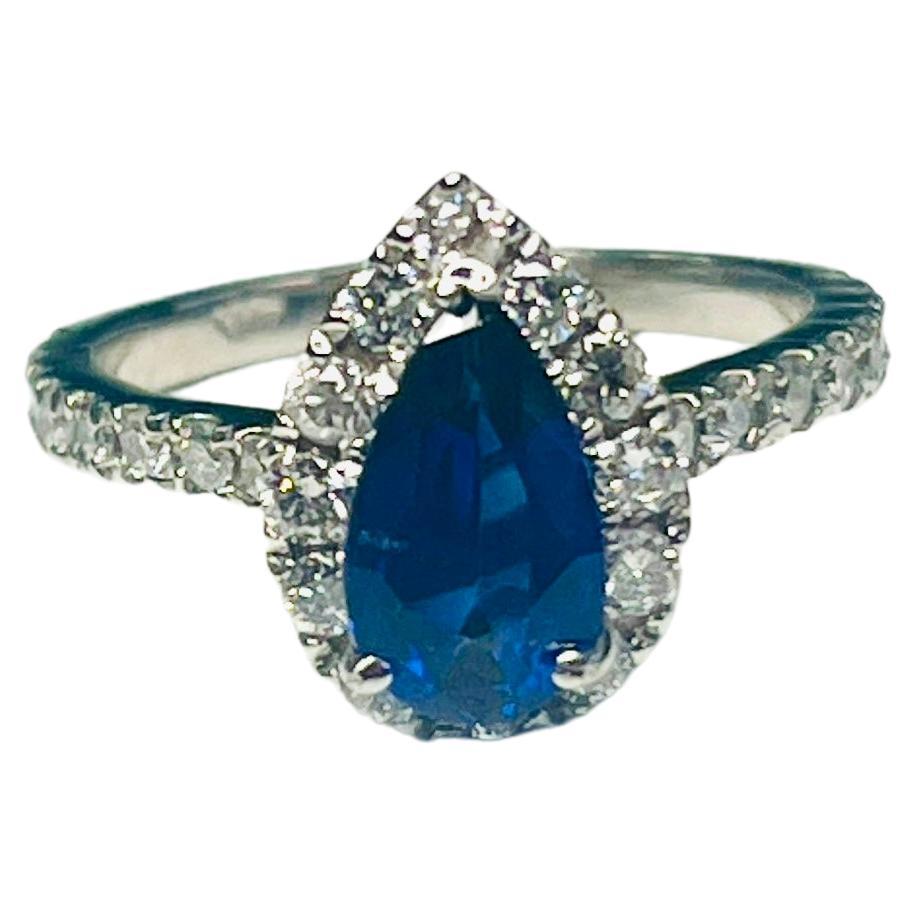 1.29 Carat Intense Blue Pear Shape Natural Sapphire 14K White Gold Diamond Ring