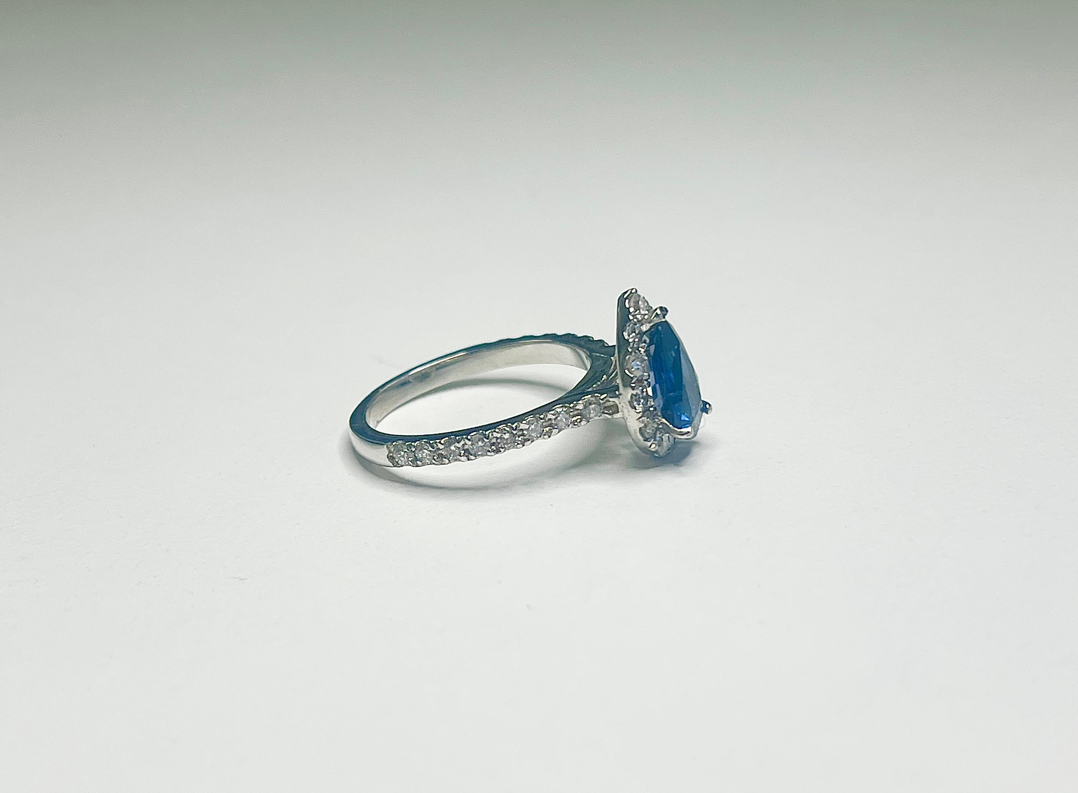 1.29 Carat Intense Blue Pear Shape Natural Sapphire Diamond 14K White Gold Ring For Sale 7
