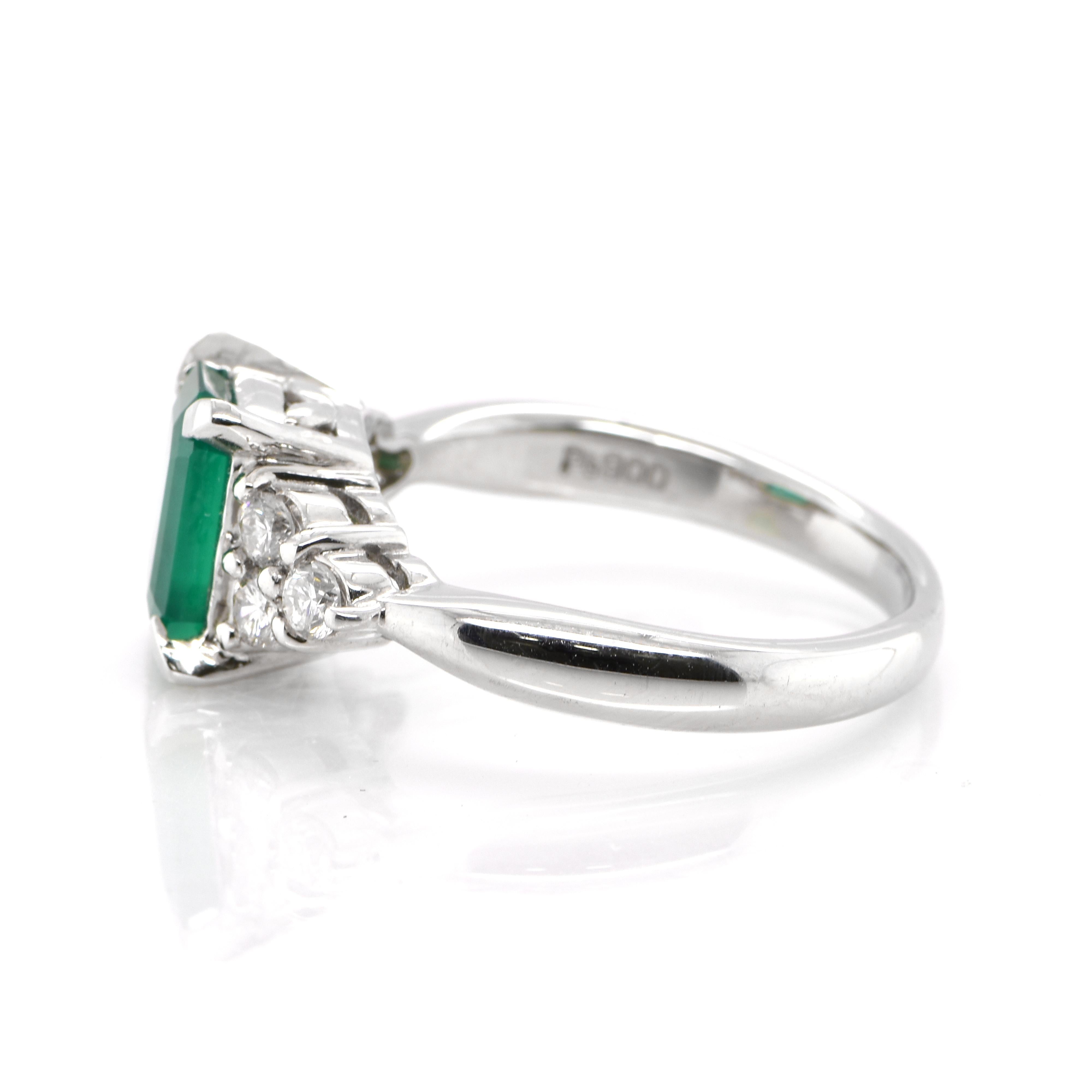 Emerald Cut 1.29 Carat Natural Emerald and Diamond Ring Made in Platinum
