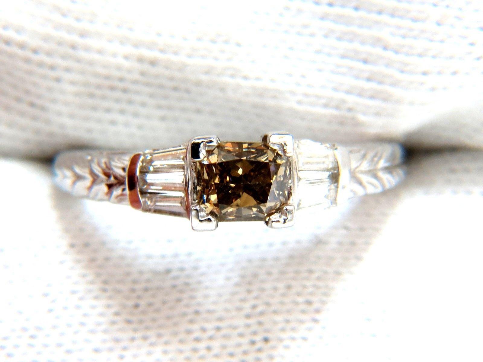 Princess Cut 1.29 Carat Natural Fancy Brown Diamond Ring 14 Karat Edwardian Gilt Scaling Deco For Sale