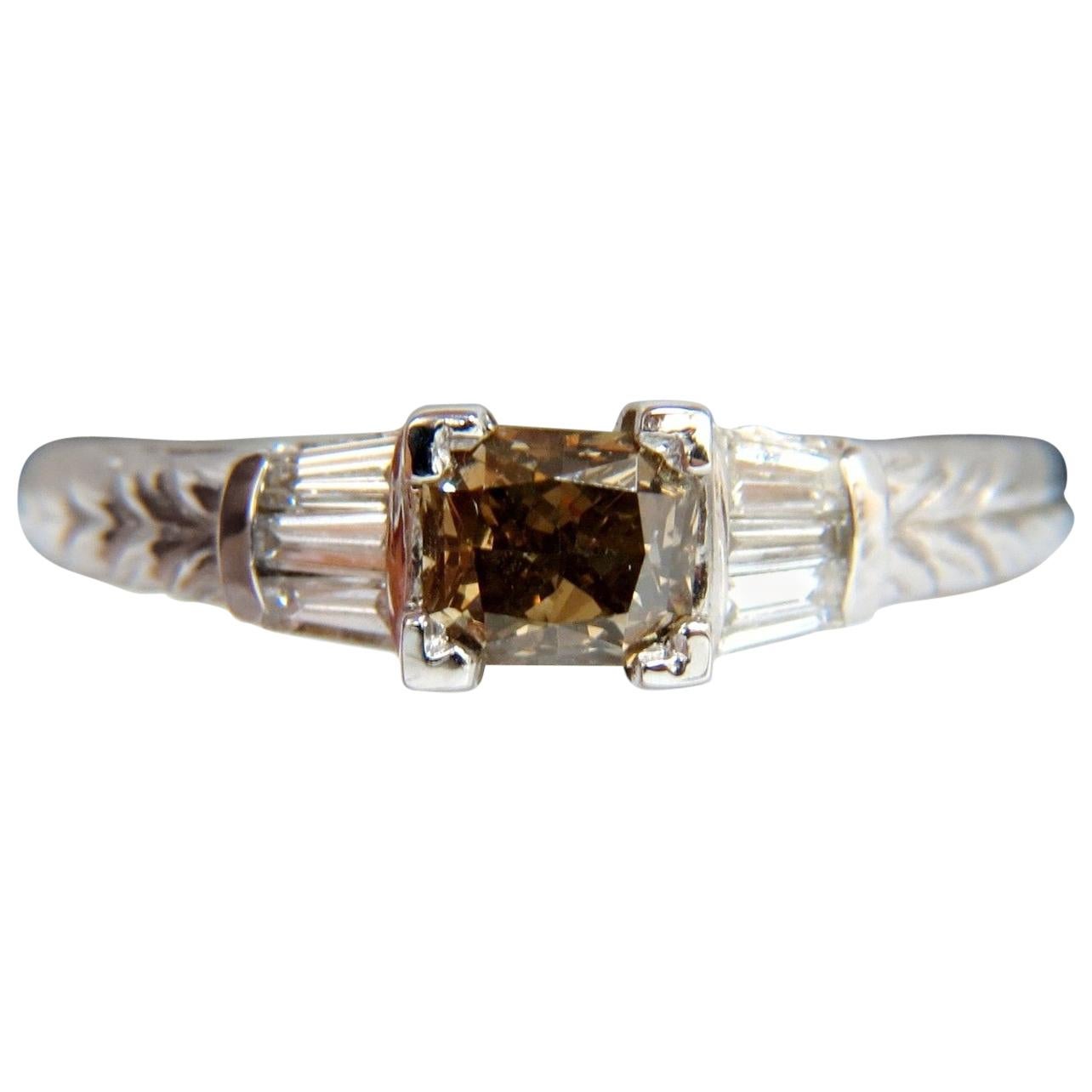 1.29 Carat Natural Fancy Brown Diamond Ring 14 Karat Edwardian Gilt Scaling Deco For Sale