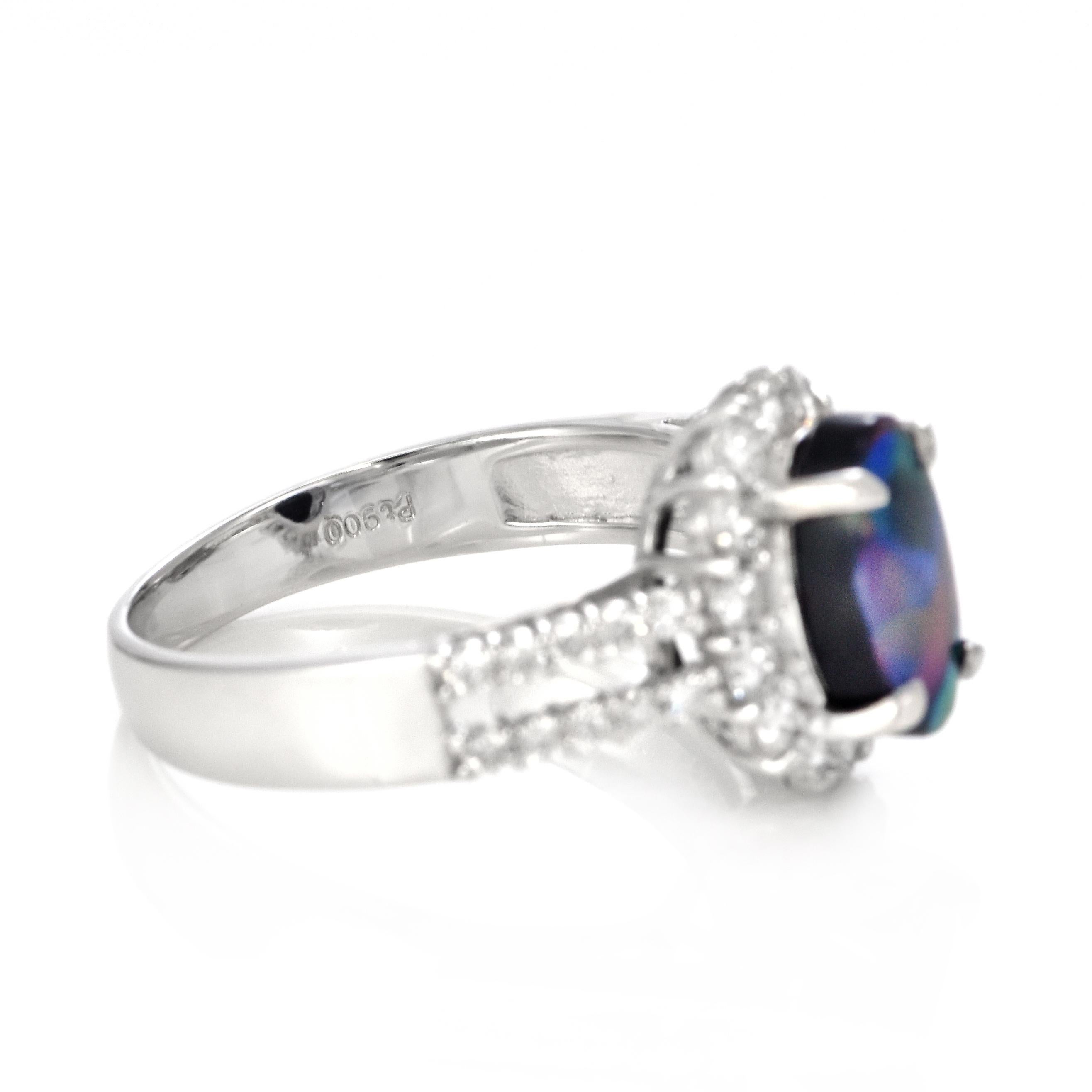1.29 Carat Natural Lightning Ridge Black Opal and Diamond Ring Made in Platinum For Sale 4
