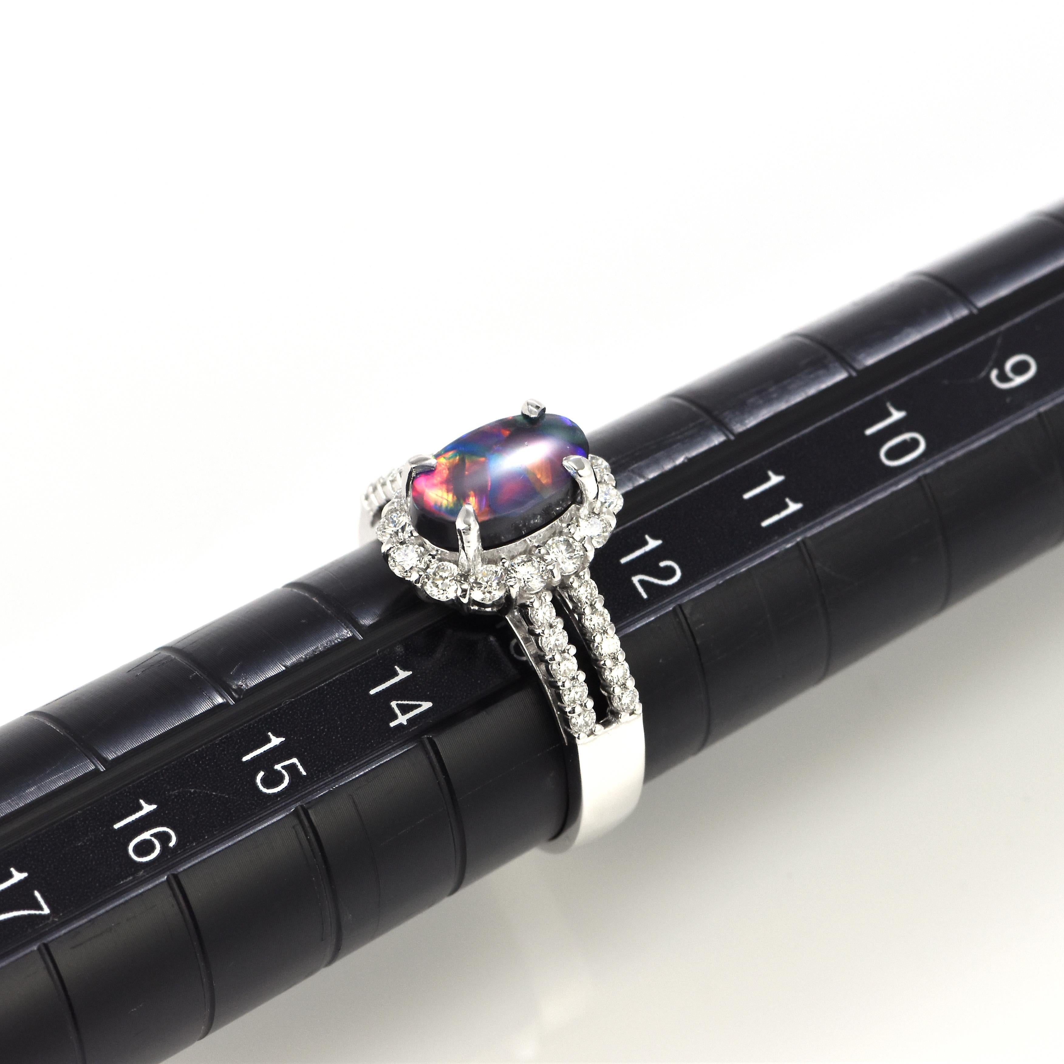 1.29 Carat Natural Lightning Ridge Black Opal and Diamond Ring Made in Platinum For Sale 5