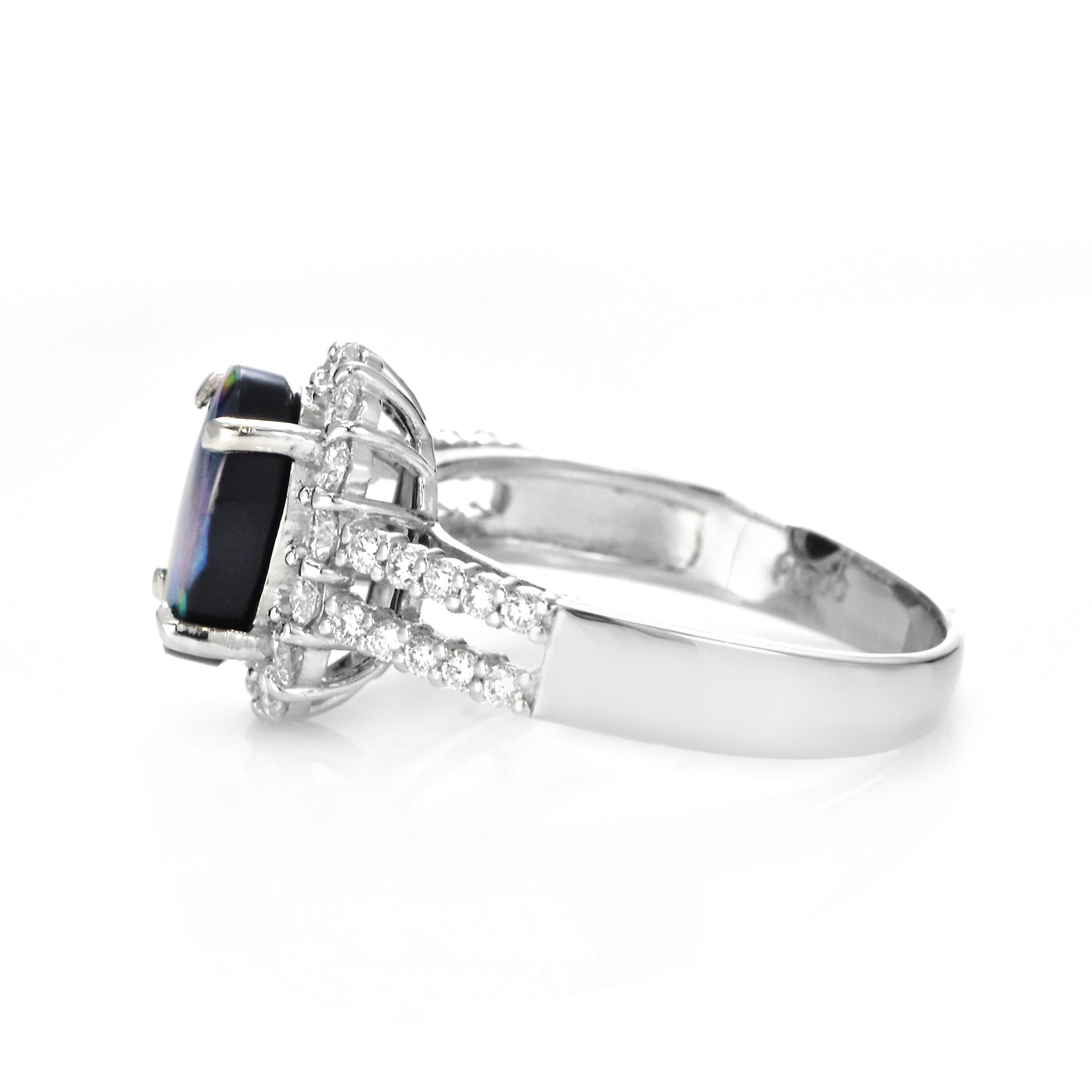Cabochon 1.29 Carat Natural Lightning Ridge Black Opal and Diamond Ring Made in Platinum For Sale