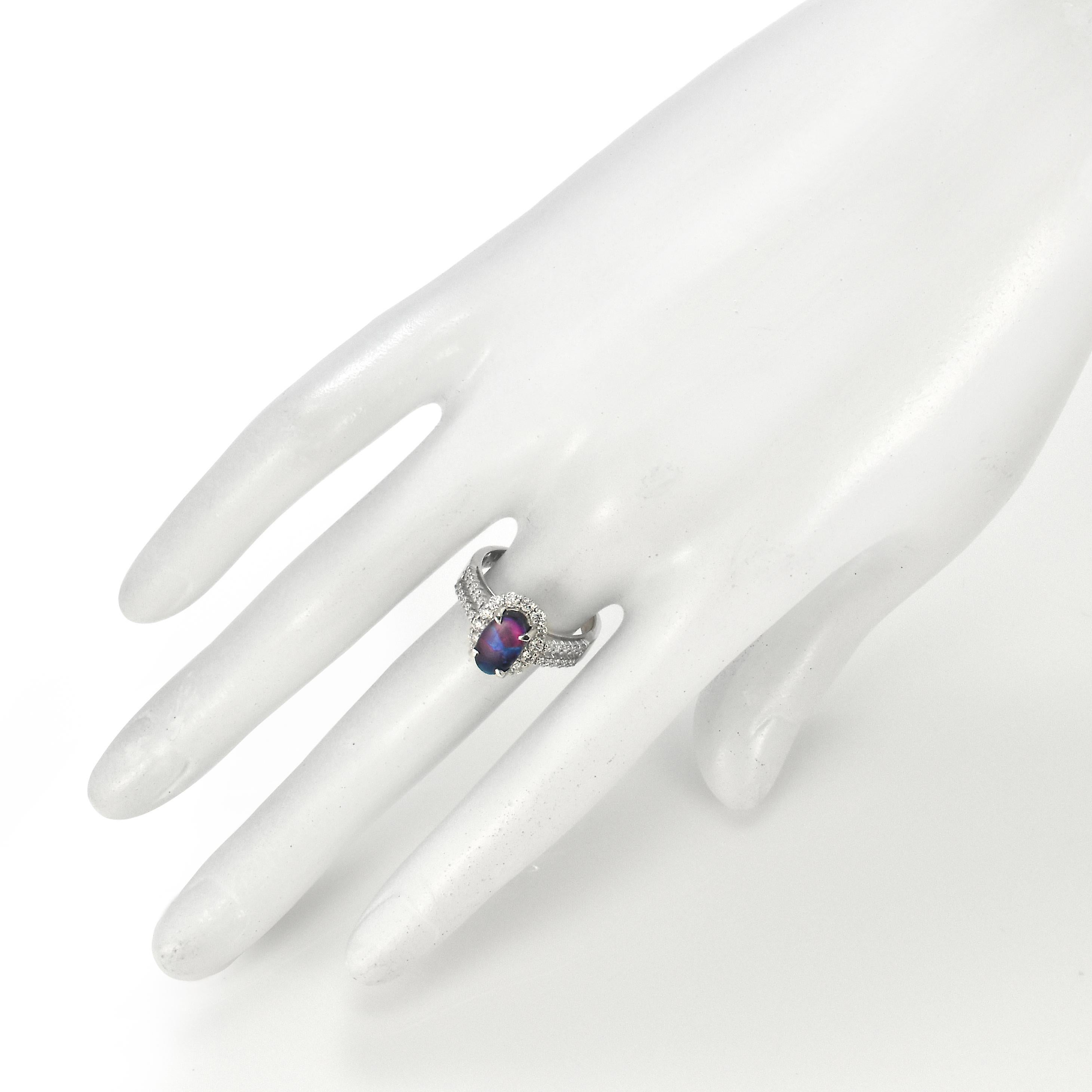 Women's 1.29 Carat Natural Lightning Ridge Black Opal and Diamond Ring Made in Platinum For Sale