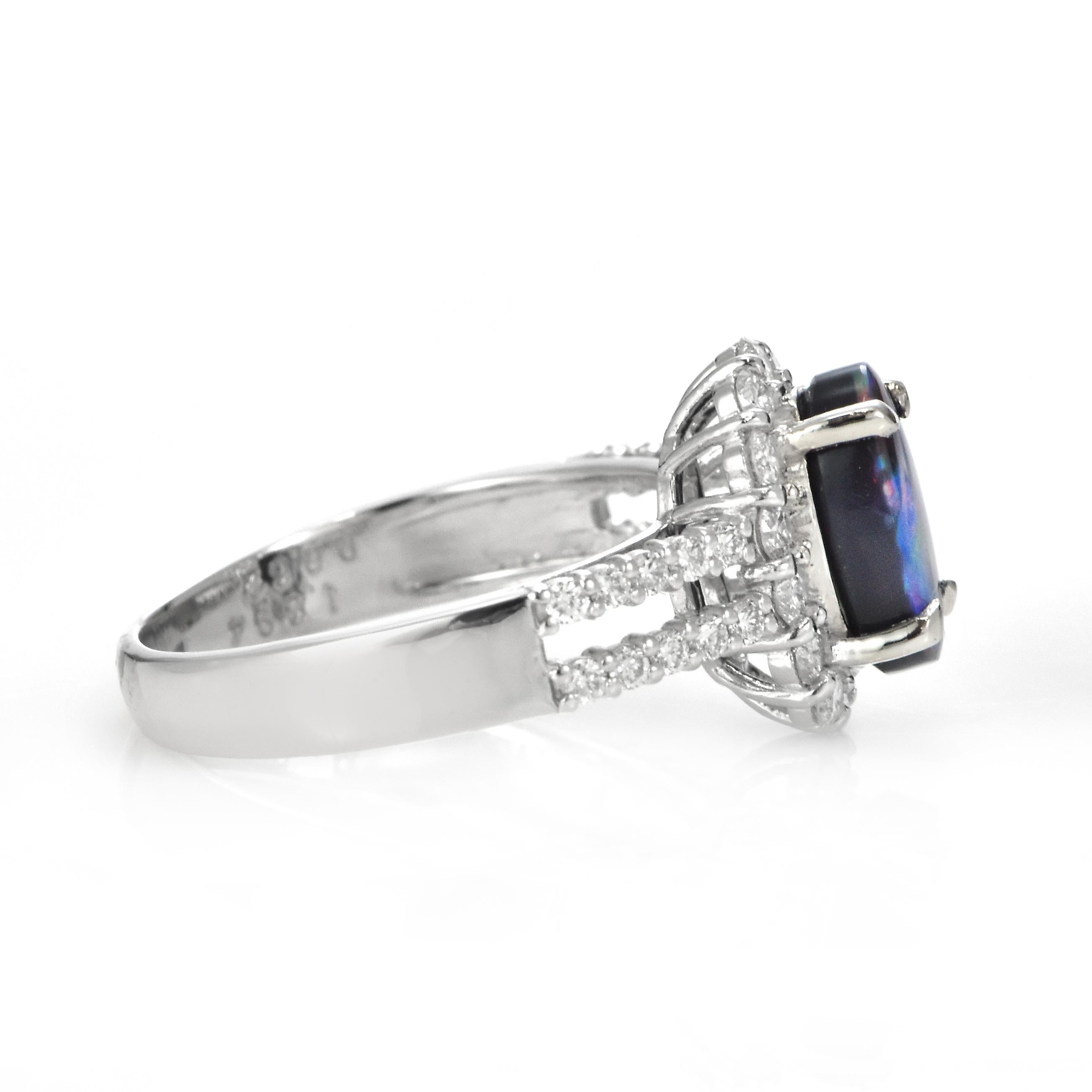 1.29 Carat Natural Lightning Ridge Black Opal and Diamond Ring Made in Platinum For Sale 1