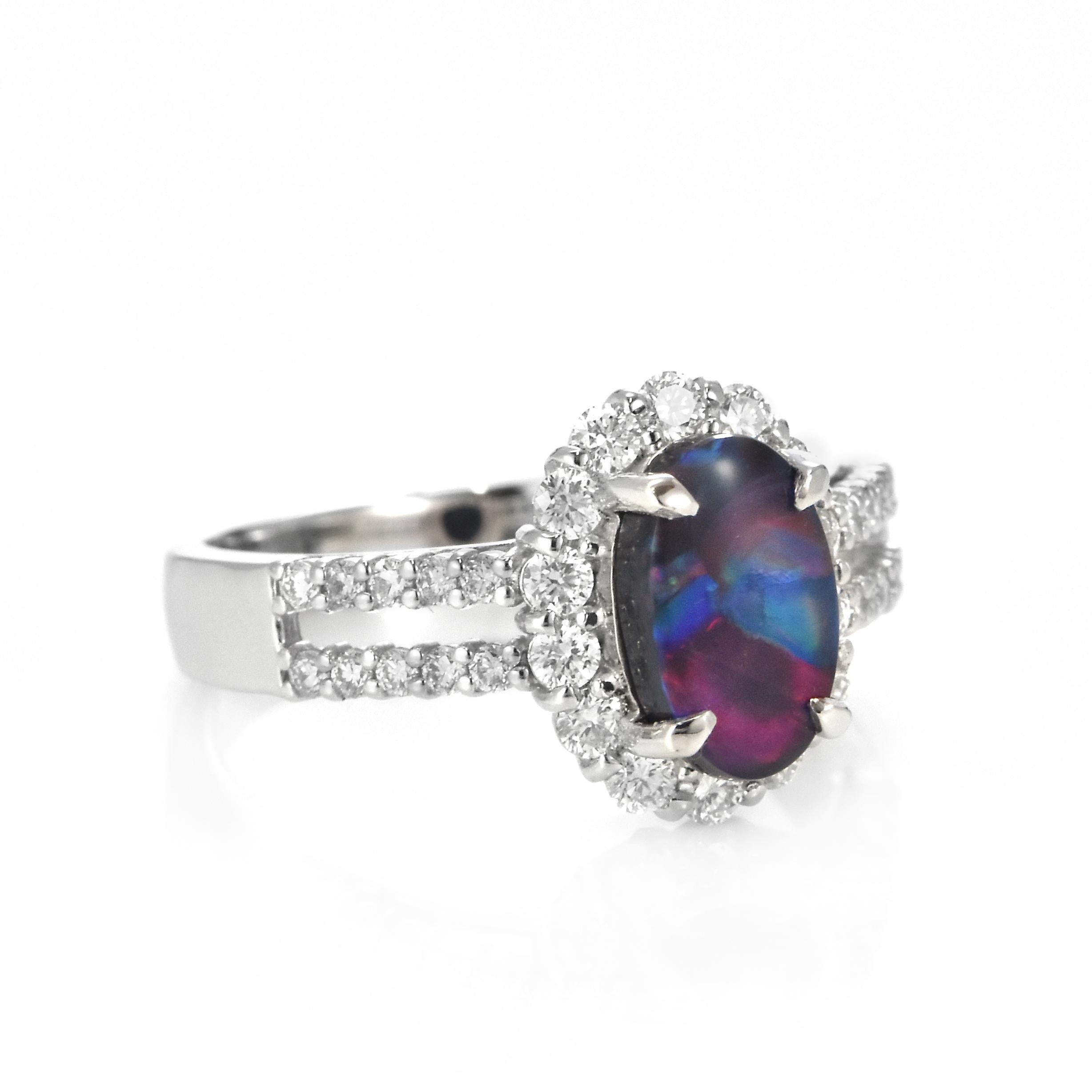1.29 Carat Natural Lightning Ridge Black Opal and Diamond Ring Made in Platinum For Sale 2