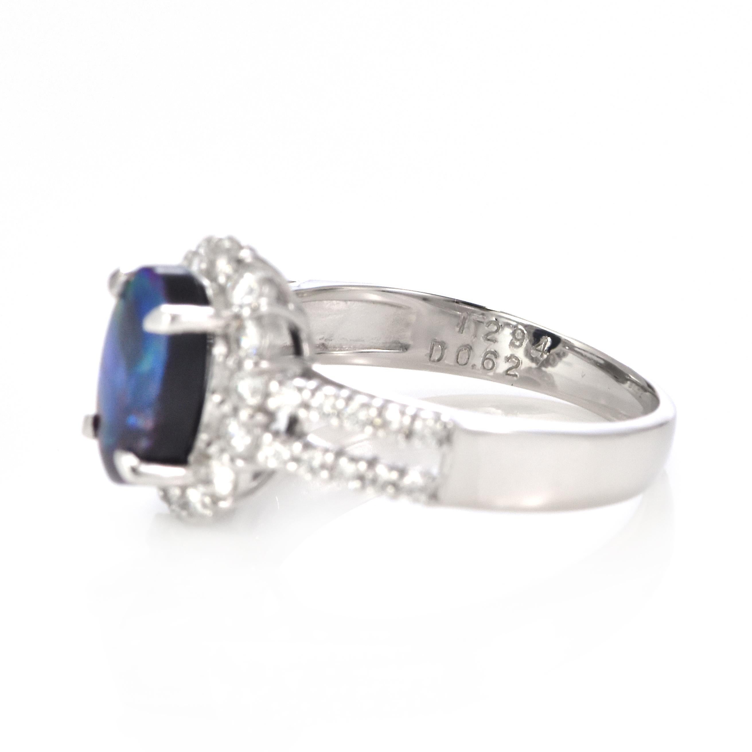 1.29 Carat Natural Lightning Ridge Black Opal and Diamond Ring Made in Platinum For Sale 3