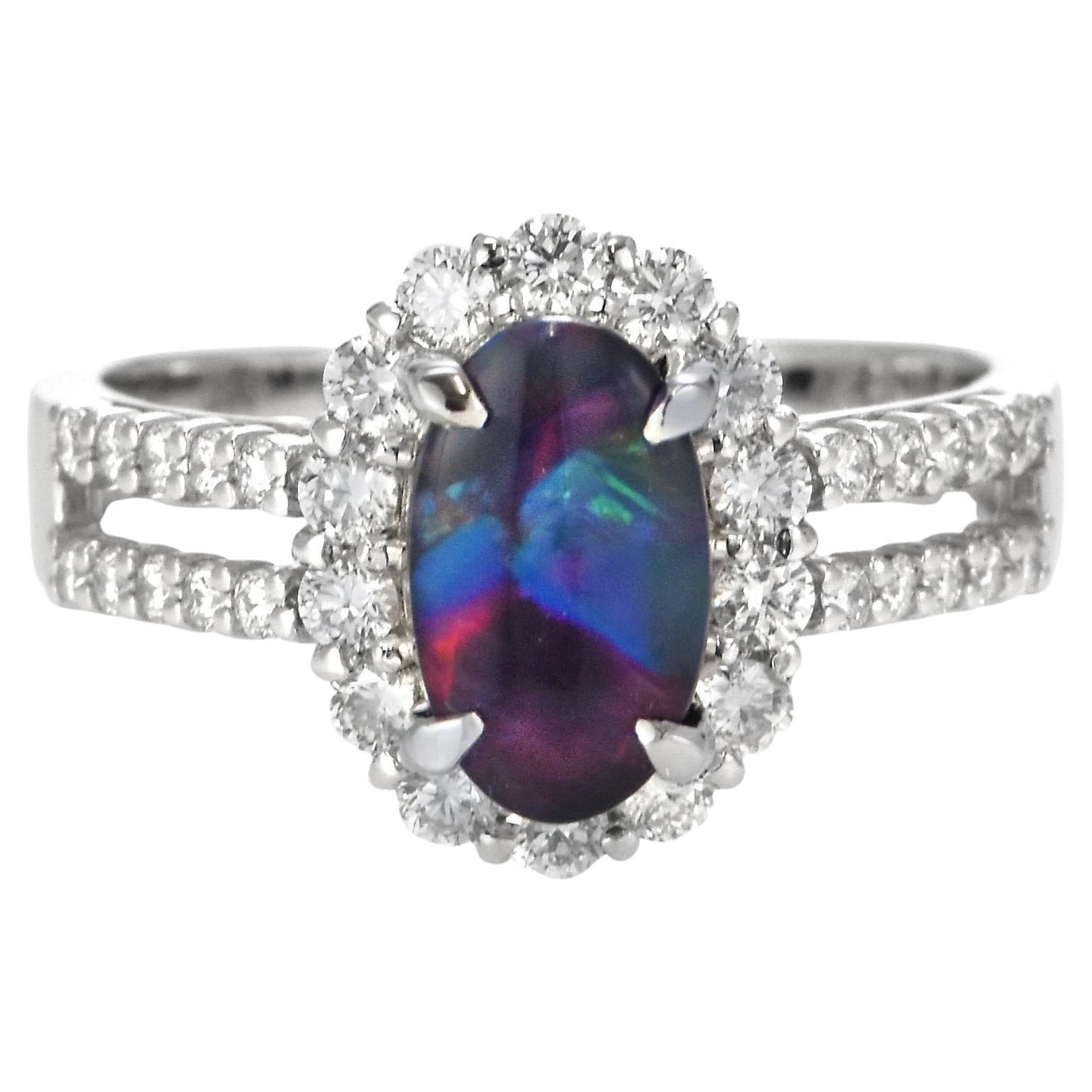 1.29 Carat Natural Lightning Ridge Black Opal and Diamond Ring Made in Platinum
