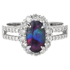 1.29 Carat Natural Lightning Ridge Black Opal and Diamond Ring Made in Platinum