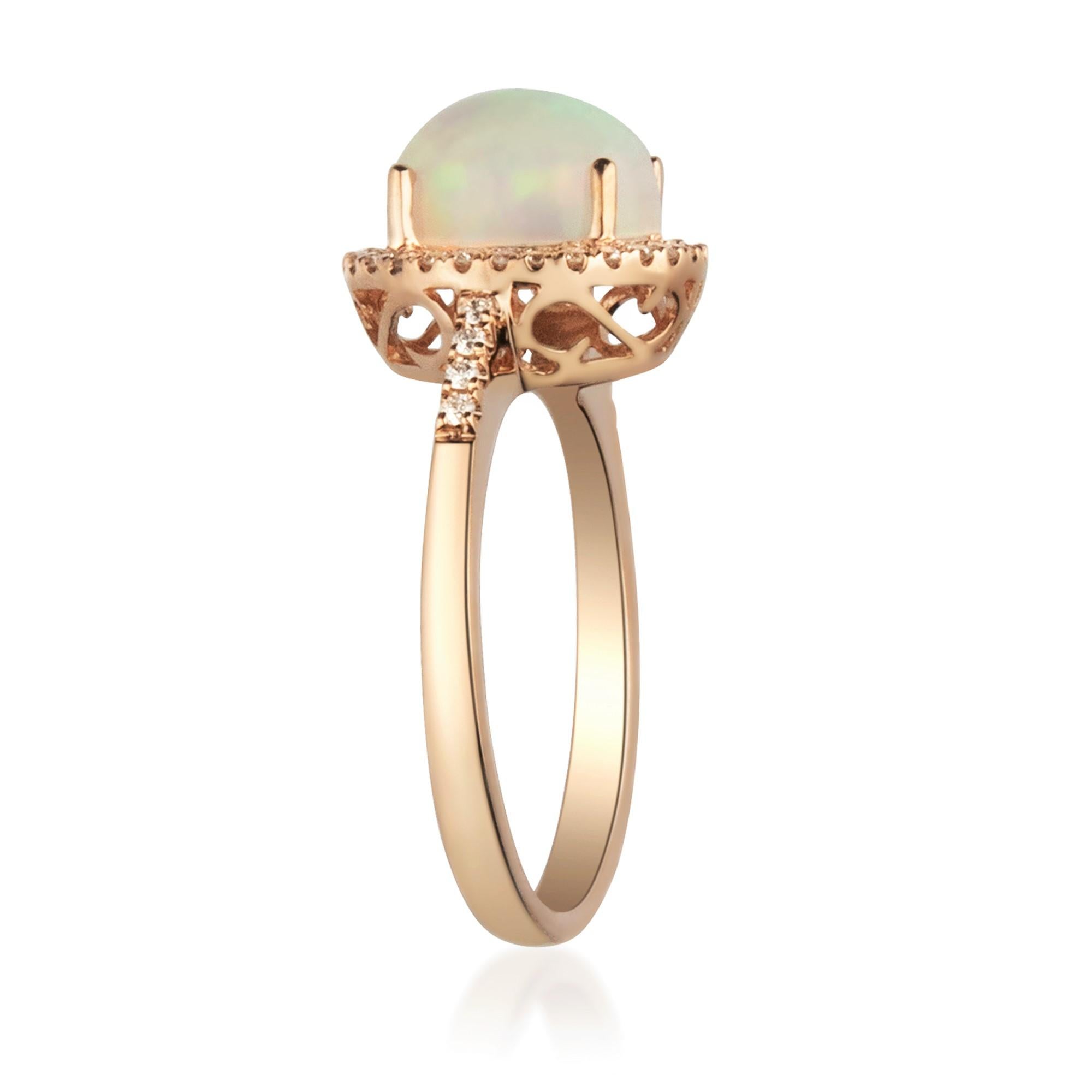 Art Deco 1.29 Carat Natural Opal and Diamond 14 Karat Rose Gold Ring For Sale