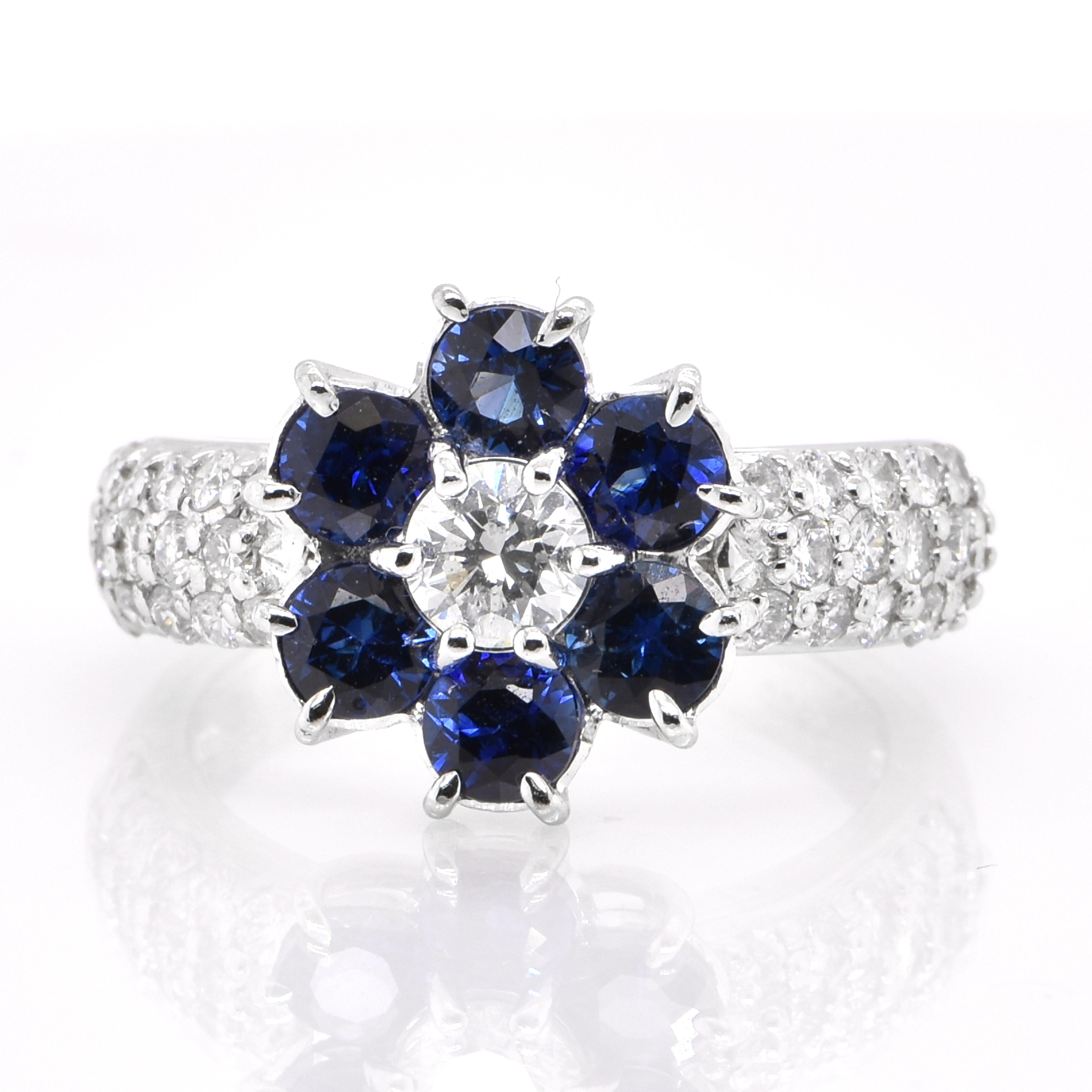 A beautiful ring featuring 1.29 Carat Natural Blue Sapphire and 0.84 Carat Diamond set in Platinum. Sapphires have extraordinary durability - they excel in hardness as well as toughness and durability making them very popular in jewelry.