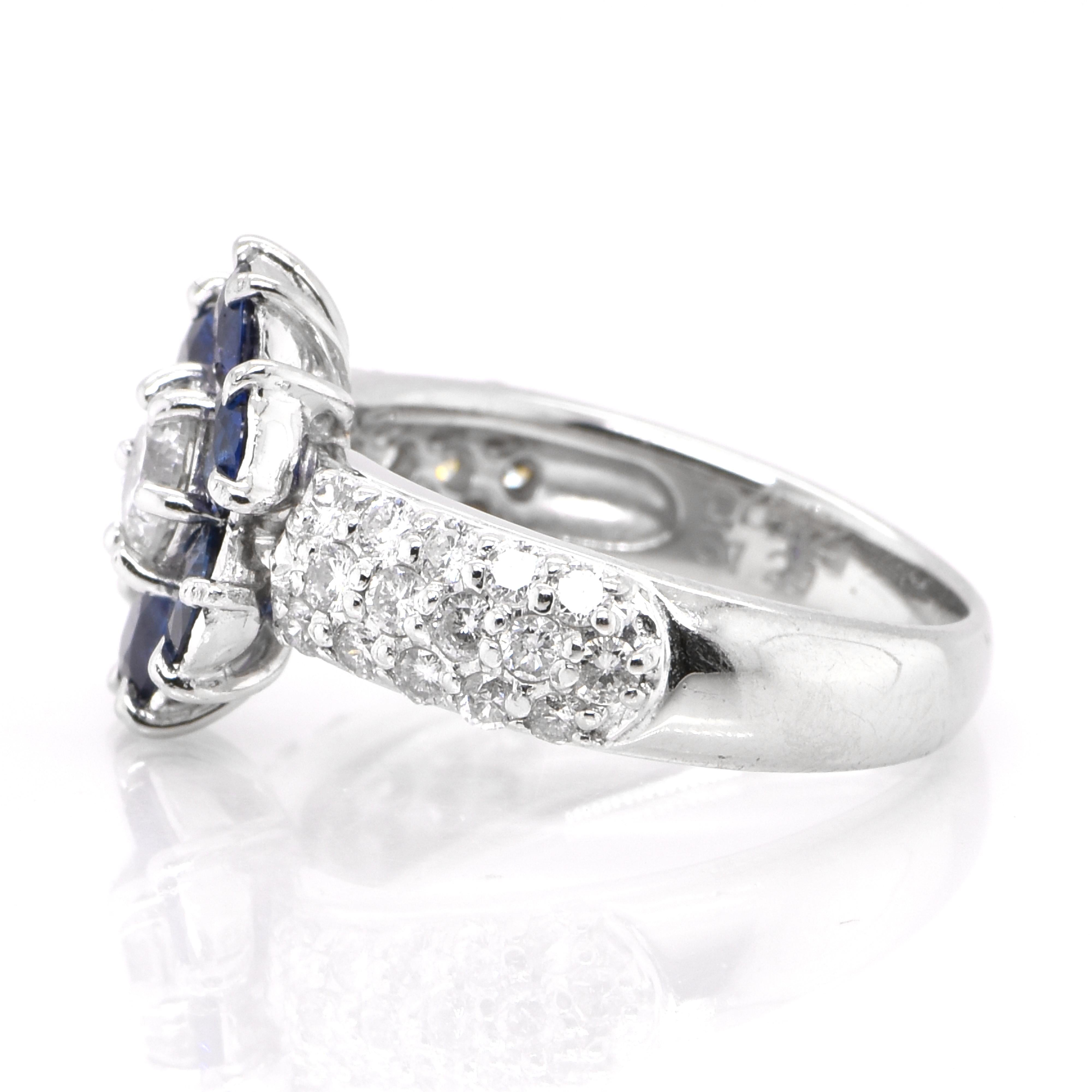 Round Cut 1.29 Carat Natural Sapphire and Diamond Cluster Ring Set in Platinum For Sale
