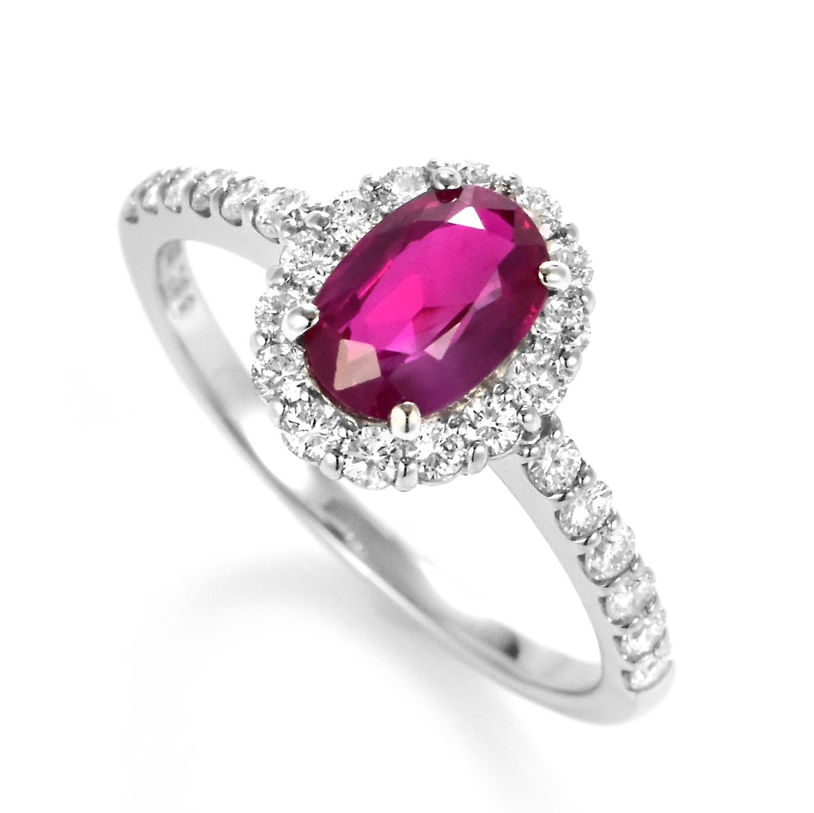 A beautiful Ring made in Platinum featuring a 1.29 Carat Natural Unheated, Burmese Ruby and 0.48 Carat Diamonds. Rubies are referred to as 