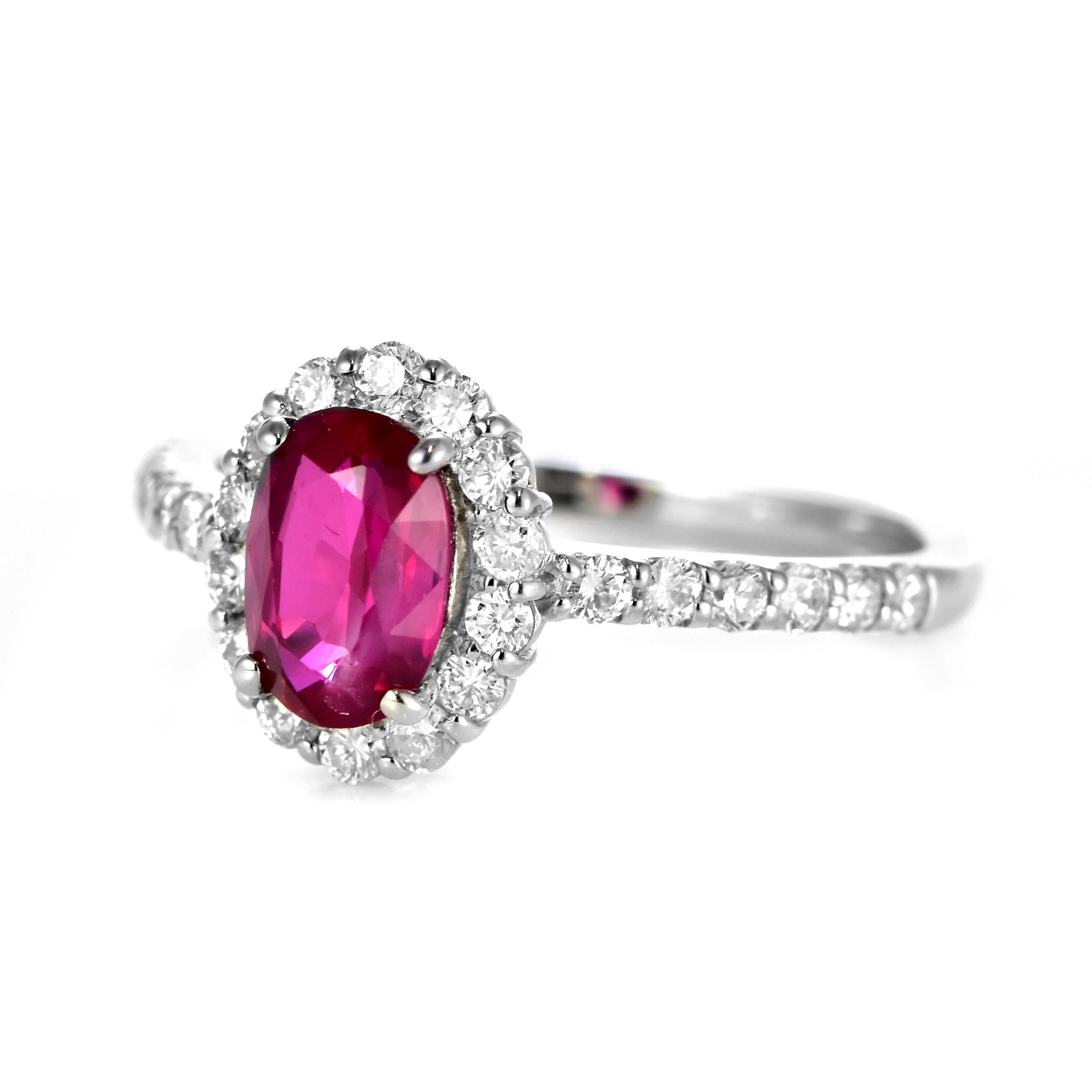 Modern 1.29 Carat Natural, Untreated, Burmese Ruby and Diamond Ring Made in Platinum For Sale