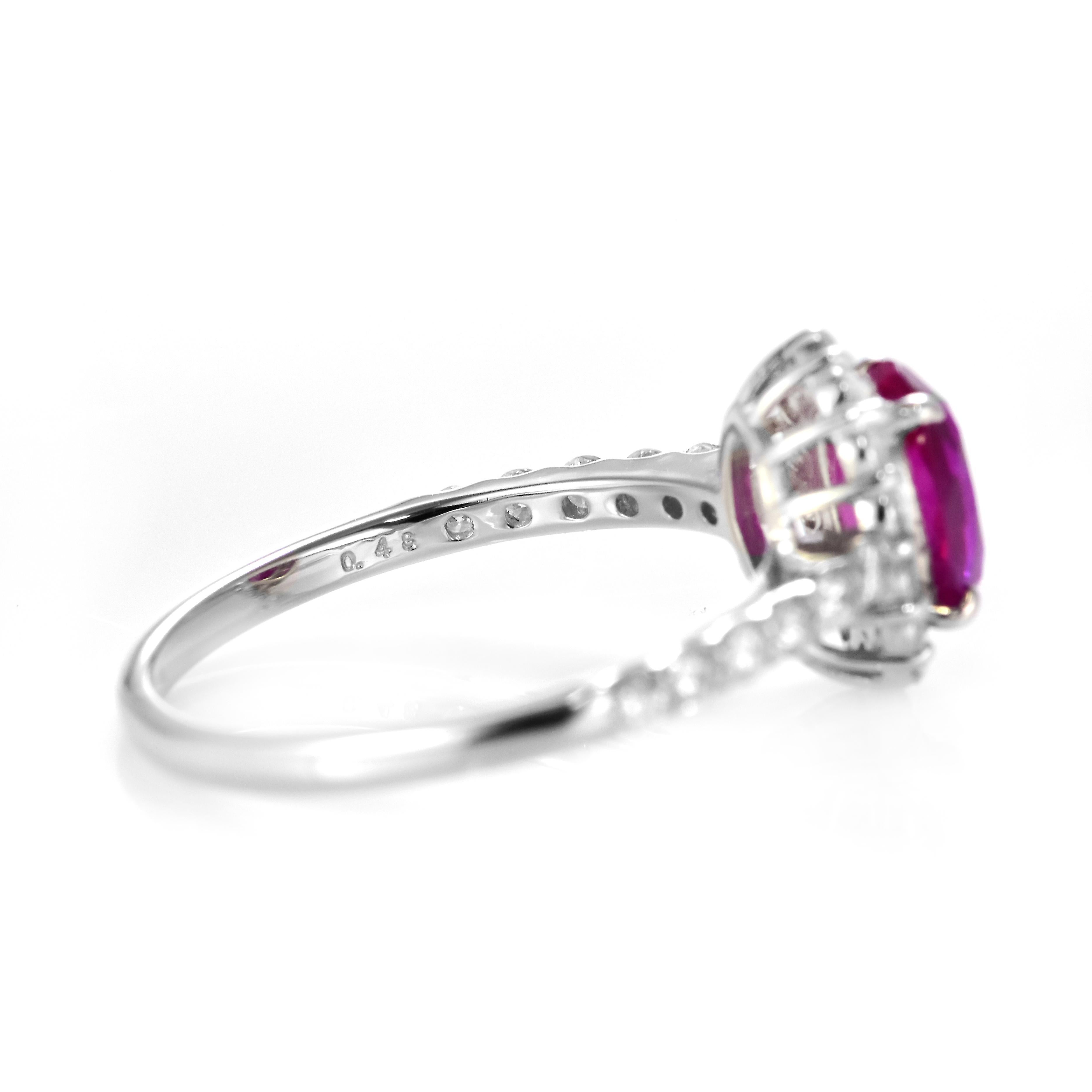 Women's 1.29 Carat Natural, Untreated, Burmese Ruby and Diamond Ring Made in Platinum For Sale
