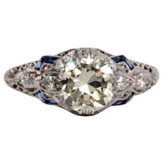 1.29 Carat Old European Platinum Diamond Sapphire Art Deco Filigree Ring
