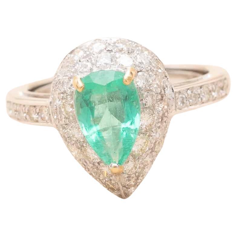1.29 Carat Pear Emerald 1.5 Carat Diamonds Cluster Ring 