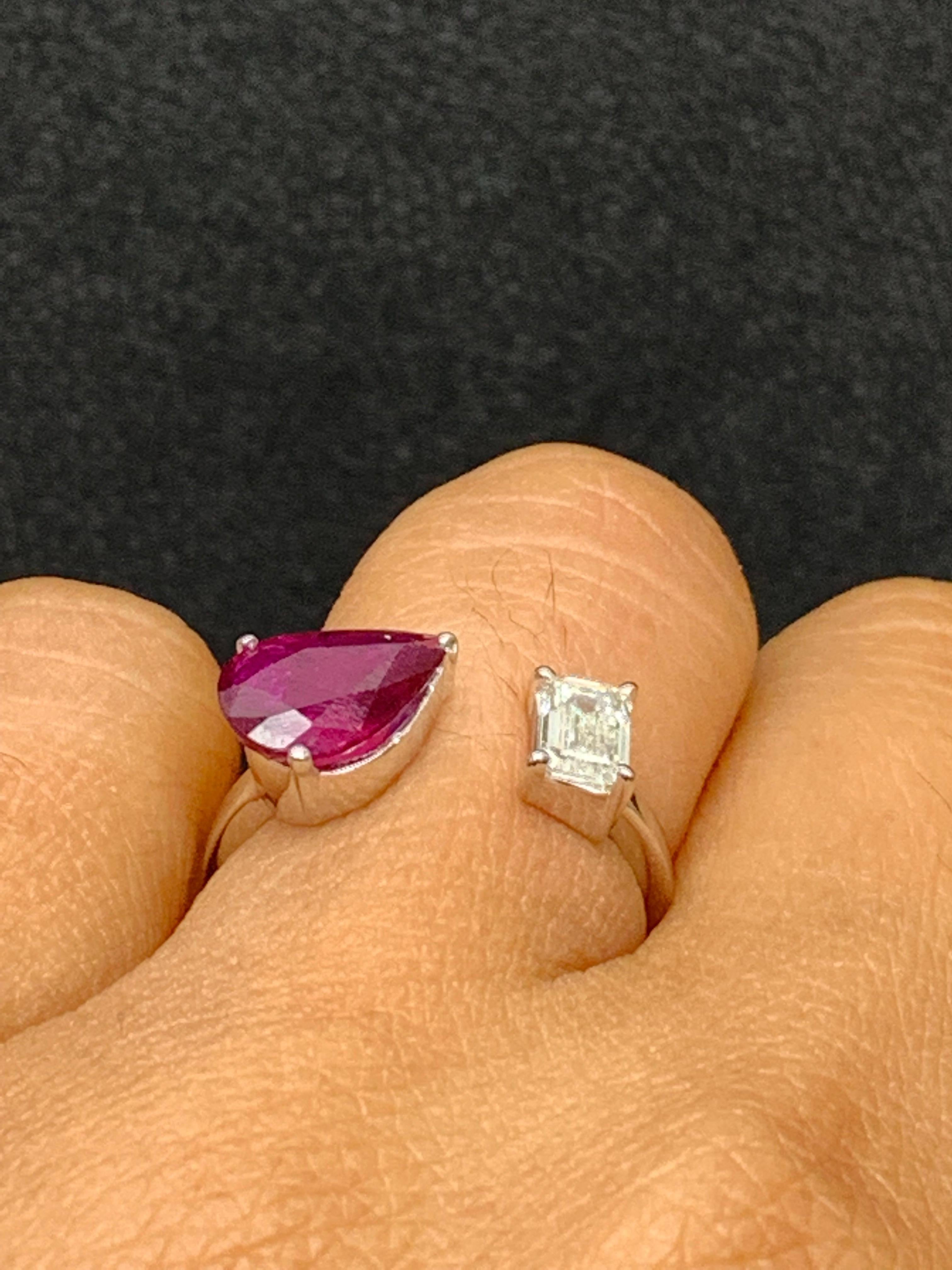 1.29 Carat Pear Shape Ruby Diamond Toi Et Moi Engagement Ring in 14K White Gold For Sale 1