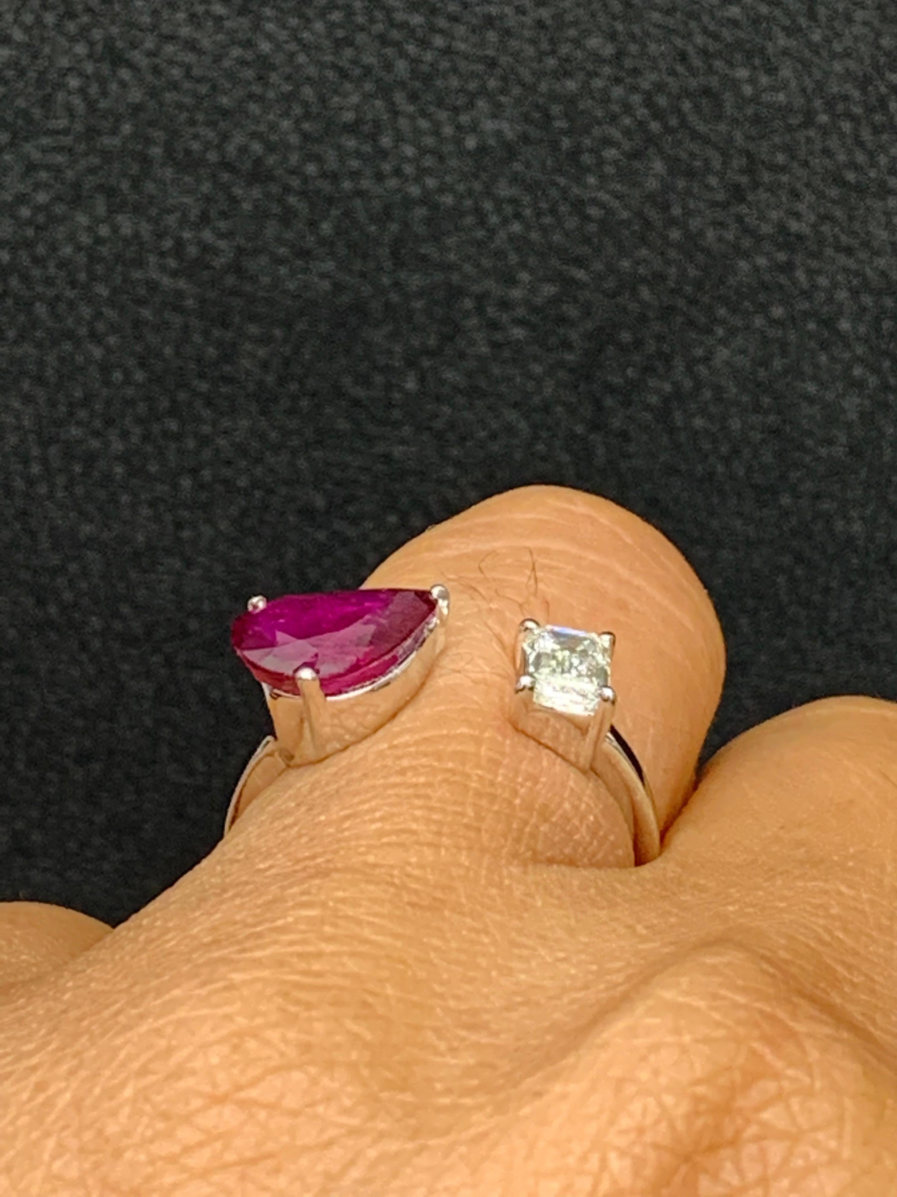 The stunning forever-together Toi et Moi ring features 1 Pear shape Ruby and 1 emerald cut Diamond Handcrafted in 14k White Gold.
Ruby weighs 1.29 carats and 1 diamond weighs 0.50 carats in total.
A classic Ring full of luster and shine.

Ring Size