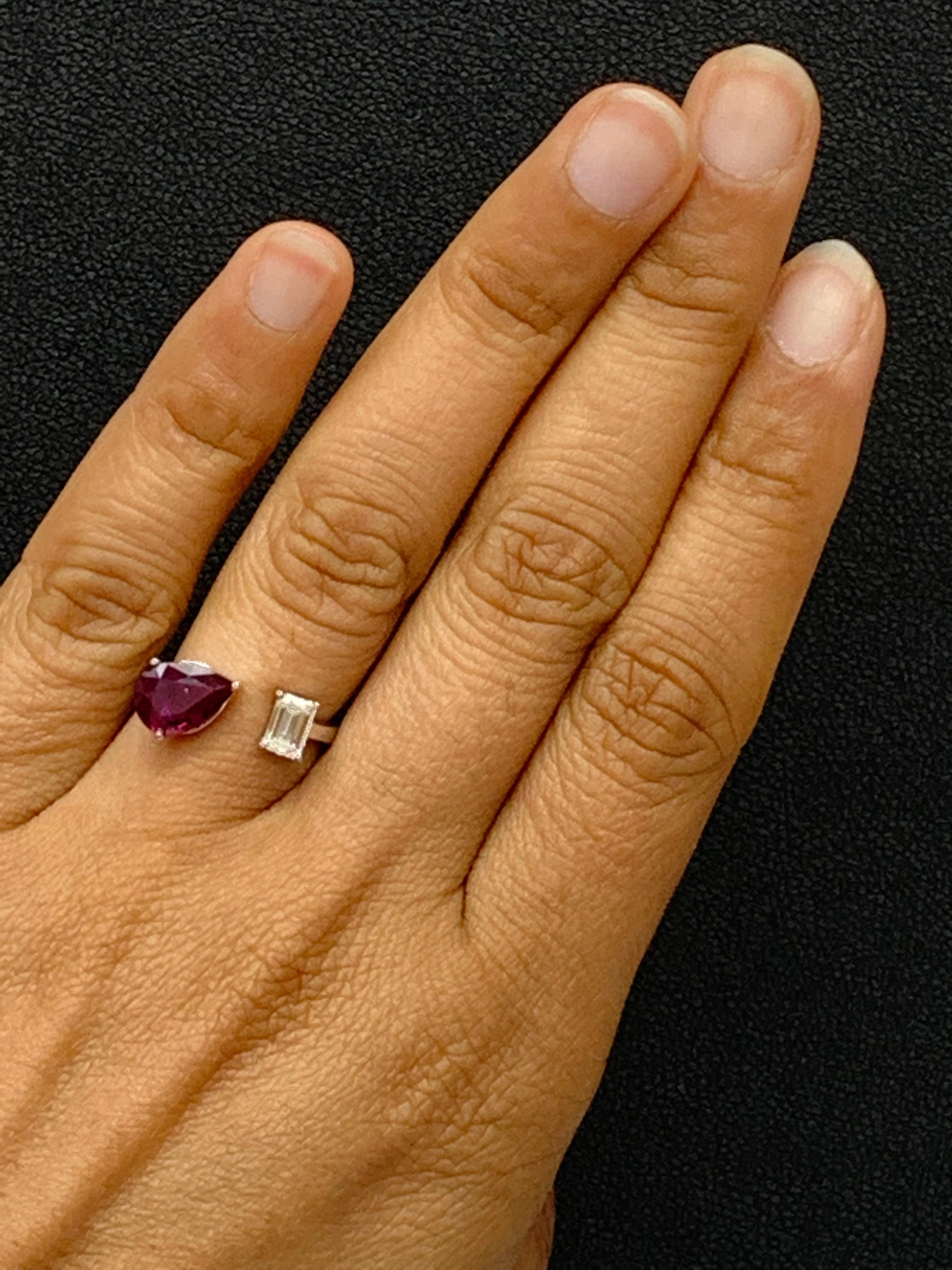 Modern 1.29 Carat Pear Shape Ruby Diamond Toi Et Moi Engagement Ring in 14K White Gold For Sale