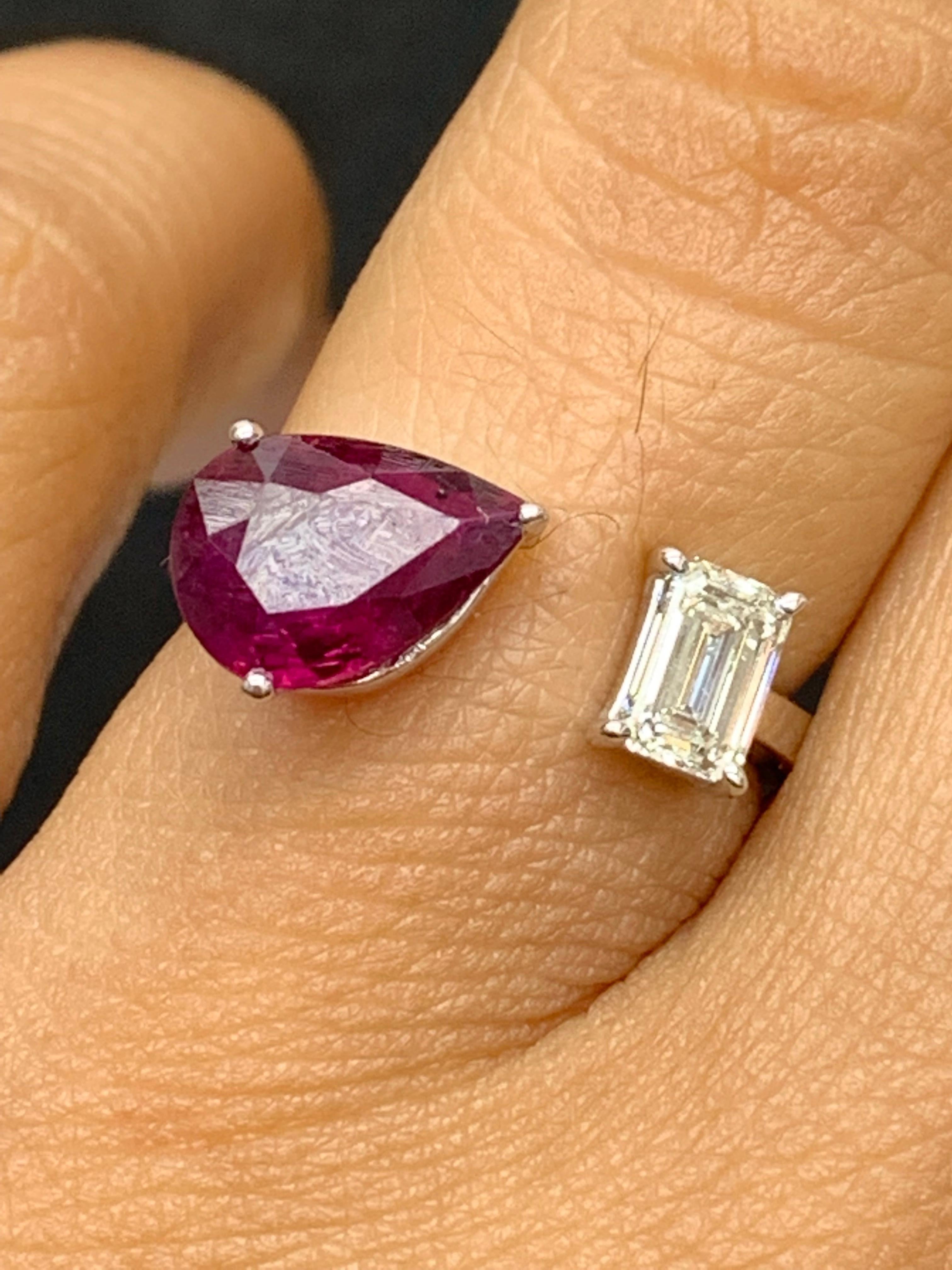 Pear Cut 1.29 Carat Pear Shape Ruby Diamond Toi Et Moi Engagement Ring in 14K White Gold For Sale