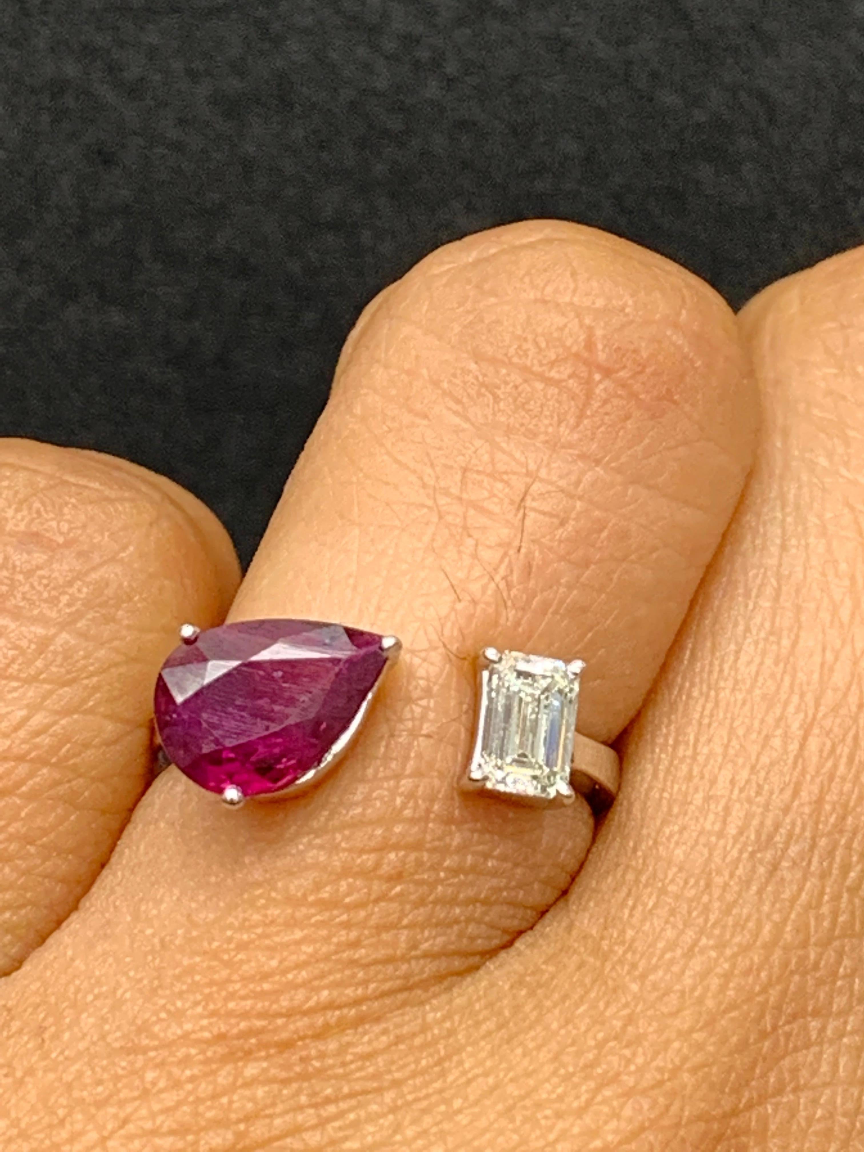 Women's 1.29 Carat Pear Shape Ruby Diamond Toi Et Moi Engagement Ring in 14K White Gold For Sale