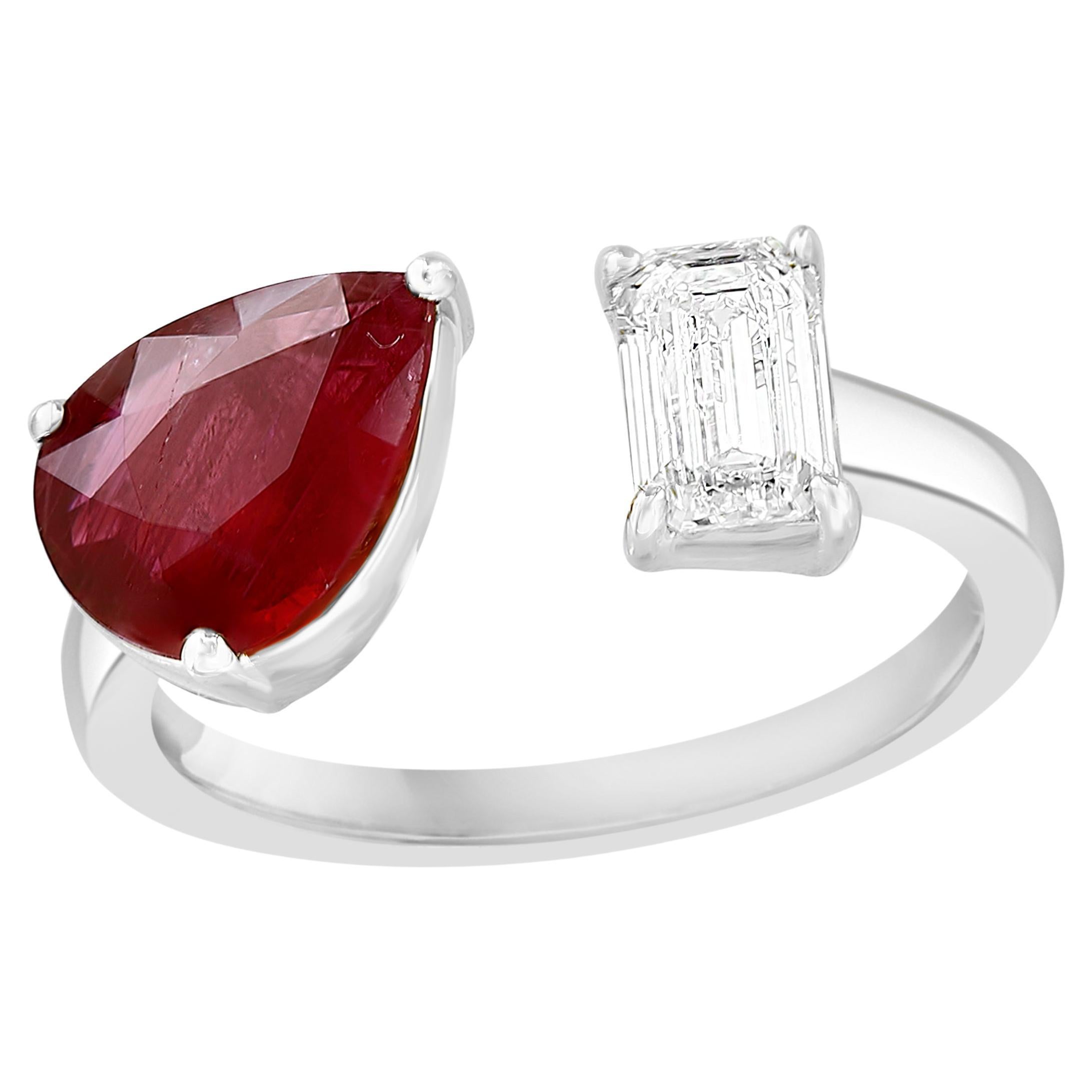 1.29 Carat Pear Shape Ruby Diamond Toi Et Moi Engagement Ring in 14K White Gold For Sale