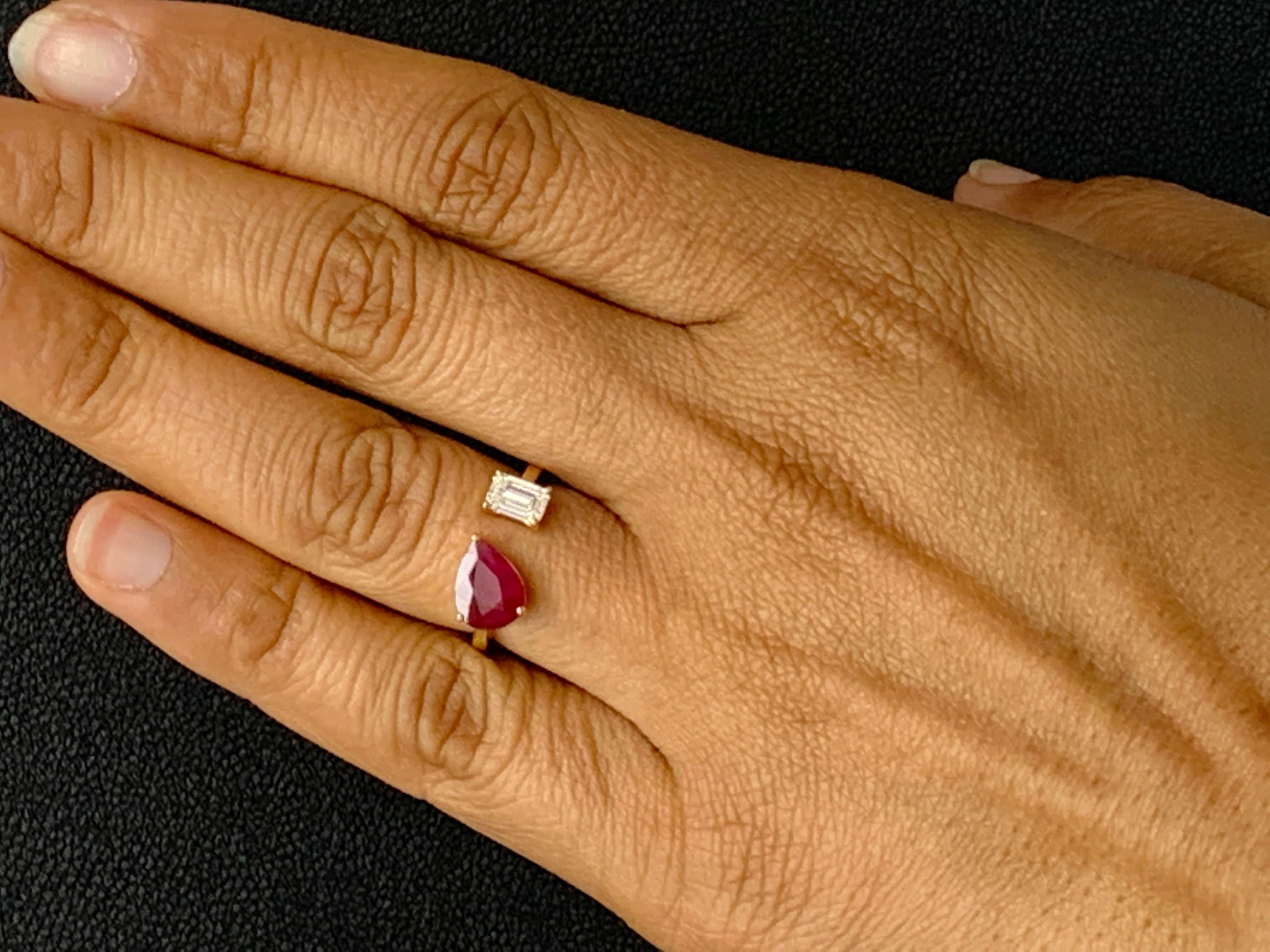 The stunning forever-together Toi et Moi ring features 1 Pear shape Ruby and 1 emerald cut Diamond Handcrafted in 14k Yellow Gold.
Ruby weighs 1.29 carats and 1 diamond weighs 0.50 carats in total.
A classic Ring full of luster and shine.

Ring Size