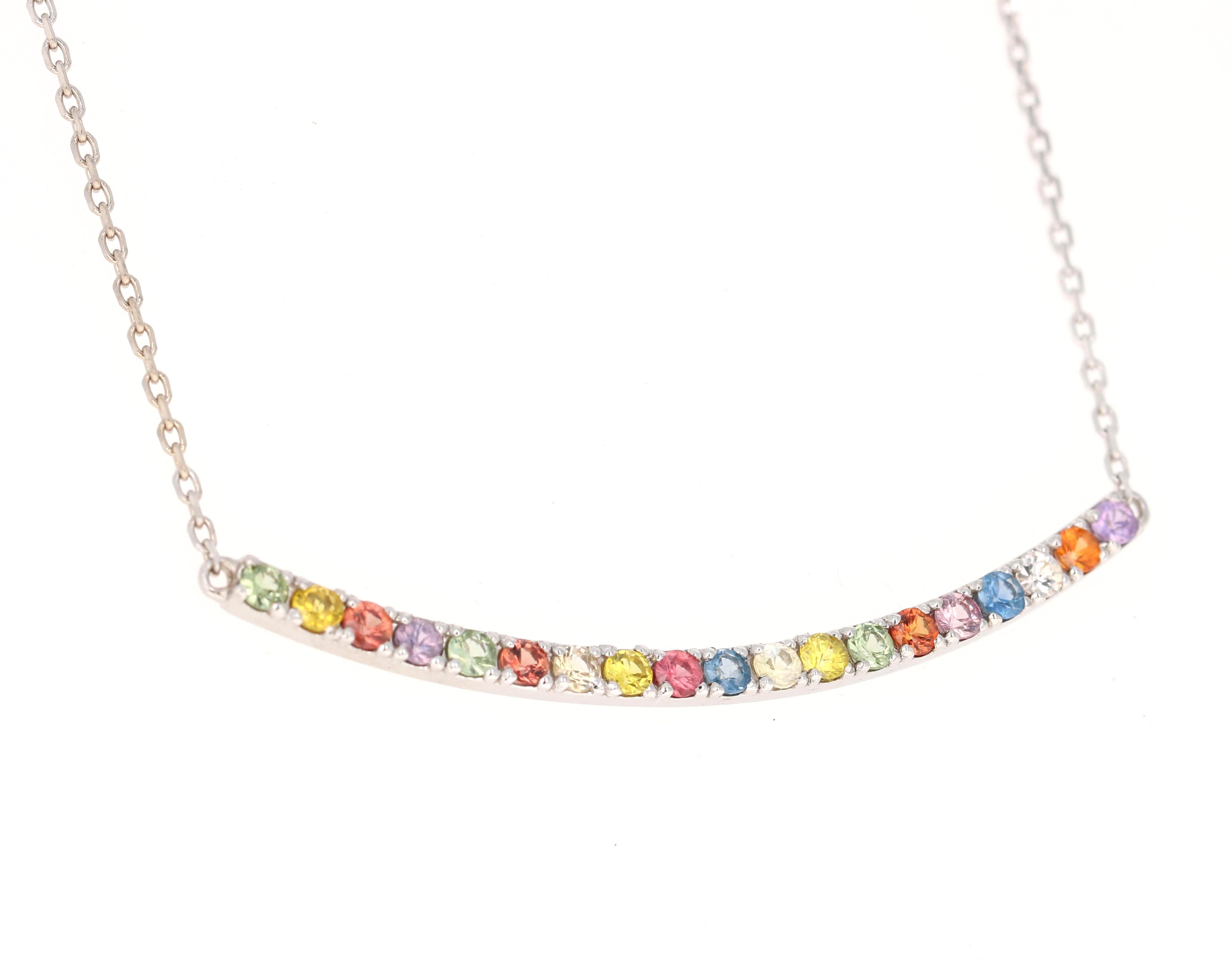 1.29 Carat Multicolor Sapphire and White Gold Bar Chain Necklace 

This necklace has Natural Multicolor Sapphires that weigh 1.29 carats.

Made in 14 Karat White Gold weighing approximately 4.2 grams. 

The length of the necklace is 16