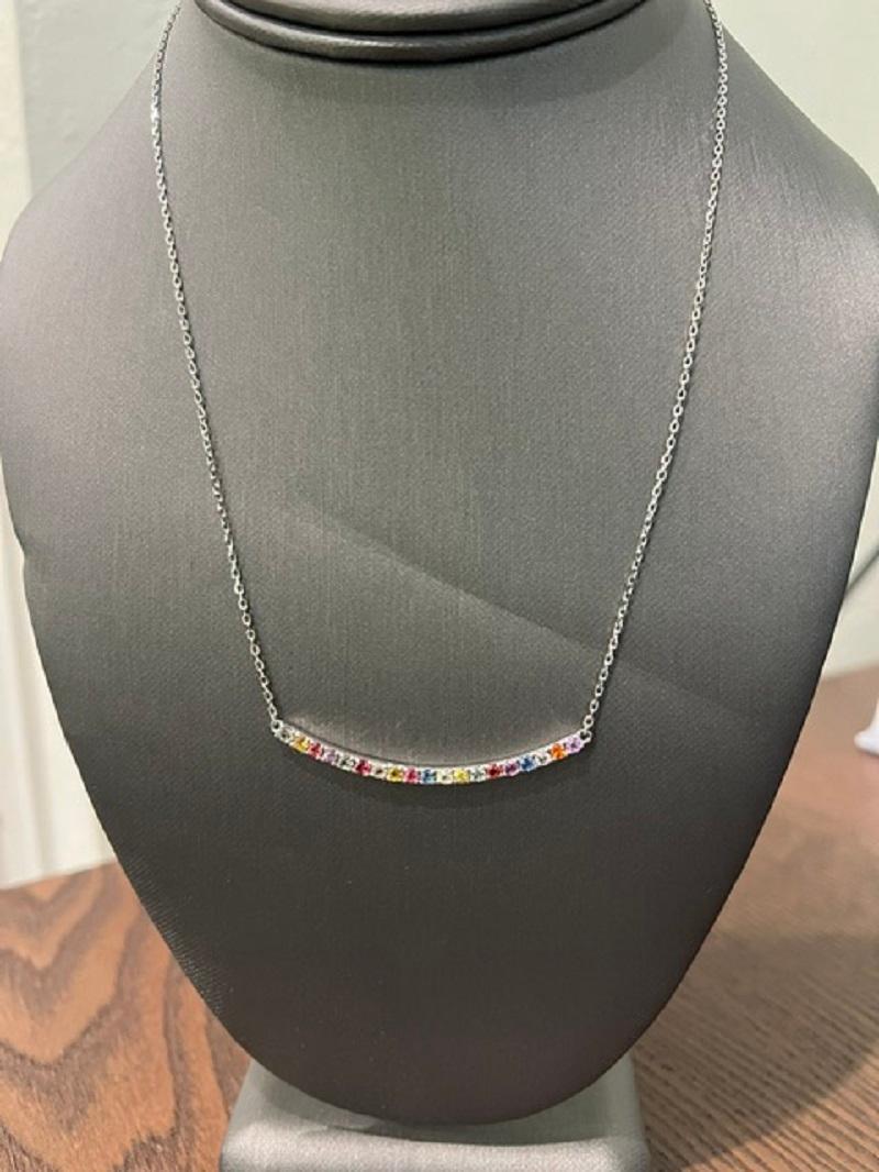 1.29 Carat Rainbow Sapphire White Gold Bar Chain Necklace In New Condition For Sale In Los Angeles, CA