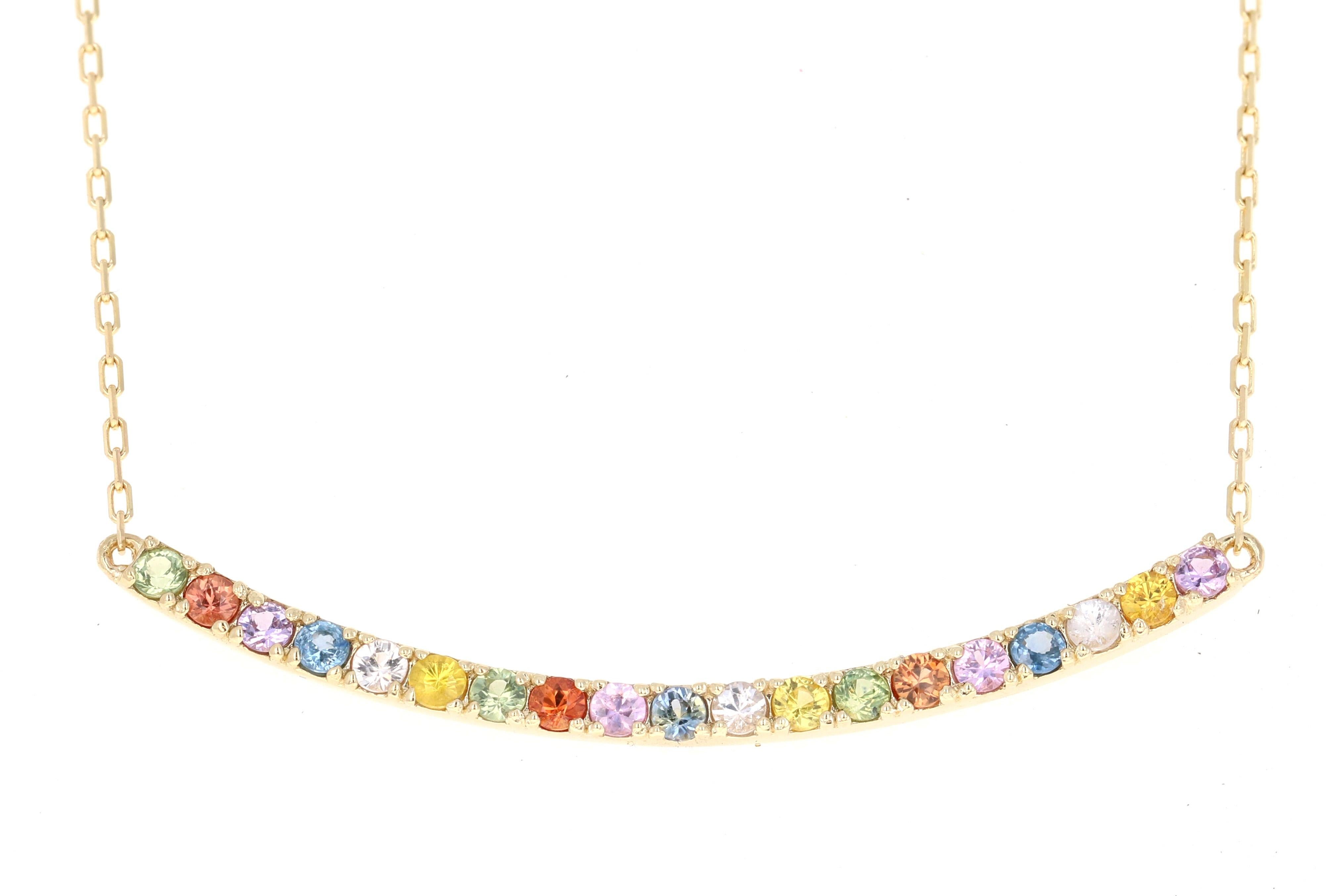 This necklace has Natural Multicolor Sapphires that weigh 1.29 carats.

Made in 14 Karat Yellow Gold weighing approximately 3.6 grams. 

The length of the necklace is 16 inches. 

This rainbow sapphire necklace is a beautiful piece that can be