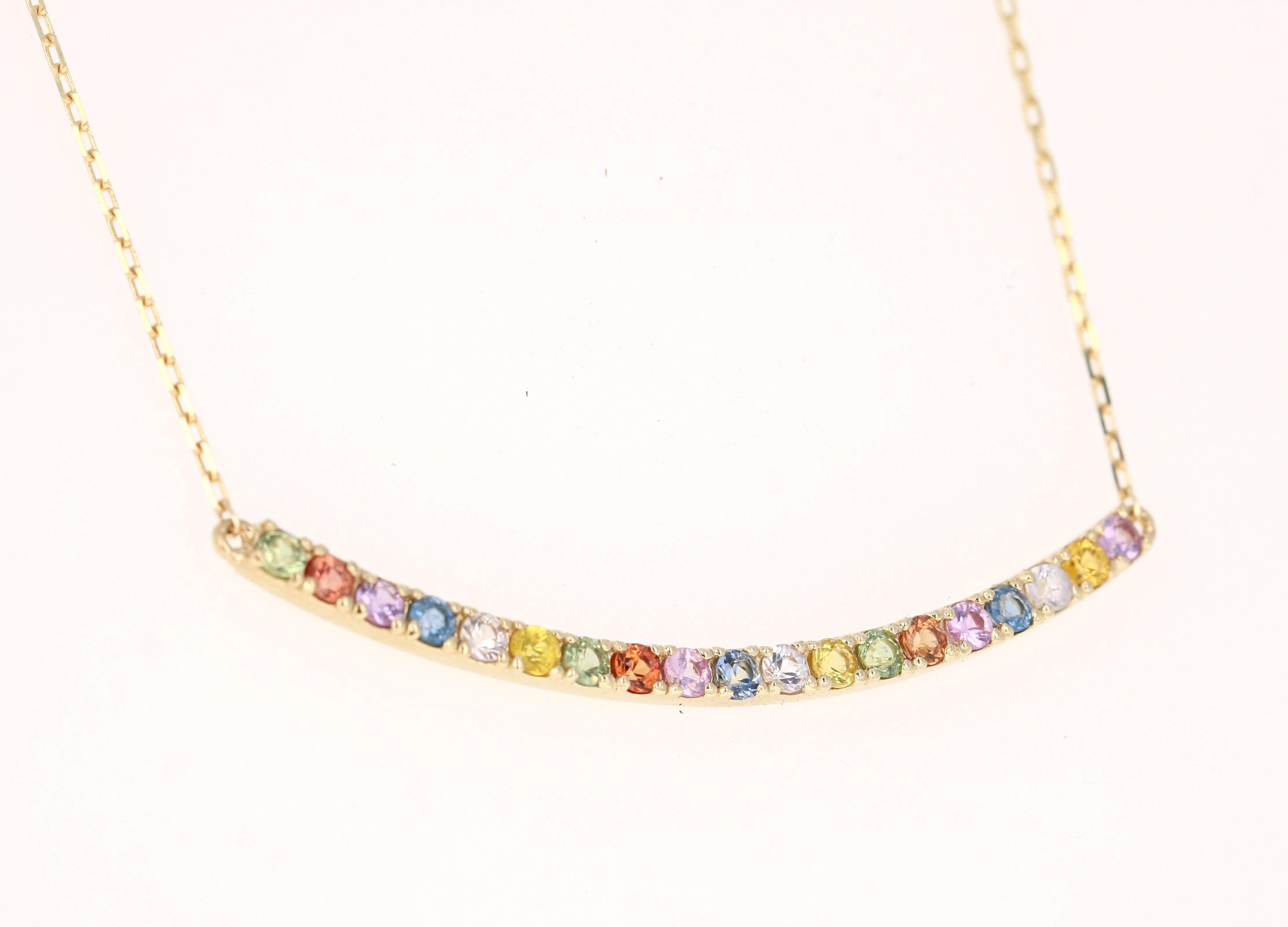 1.29 Carat Rainbow Sapphire Yellow Gold Bar Chain Necklace In New Condition For Sale In Los Angeles, CA