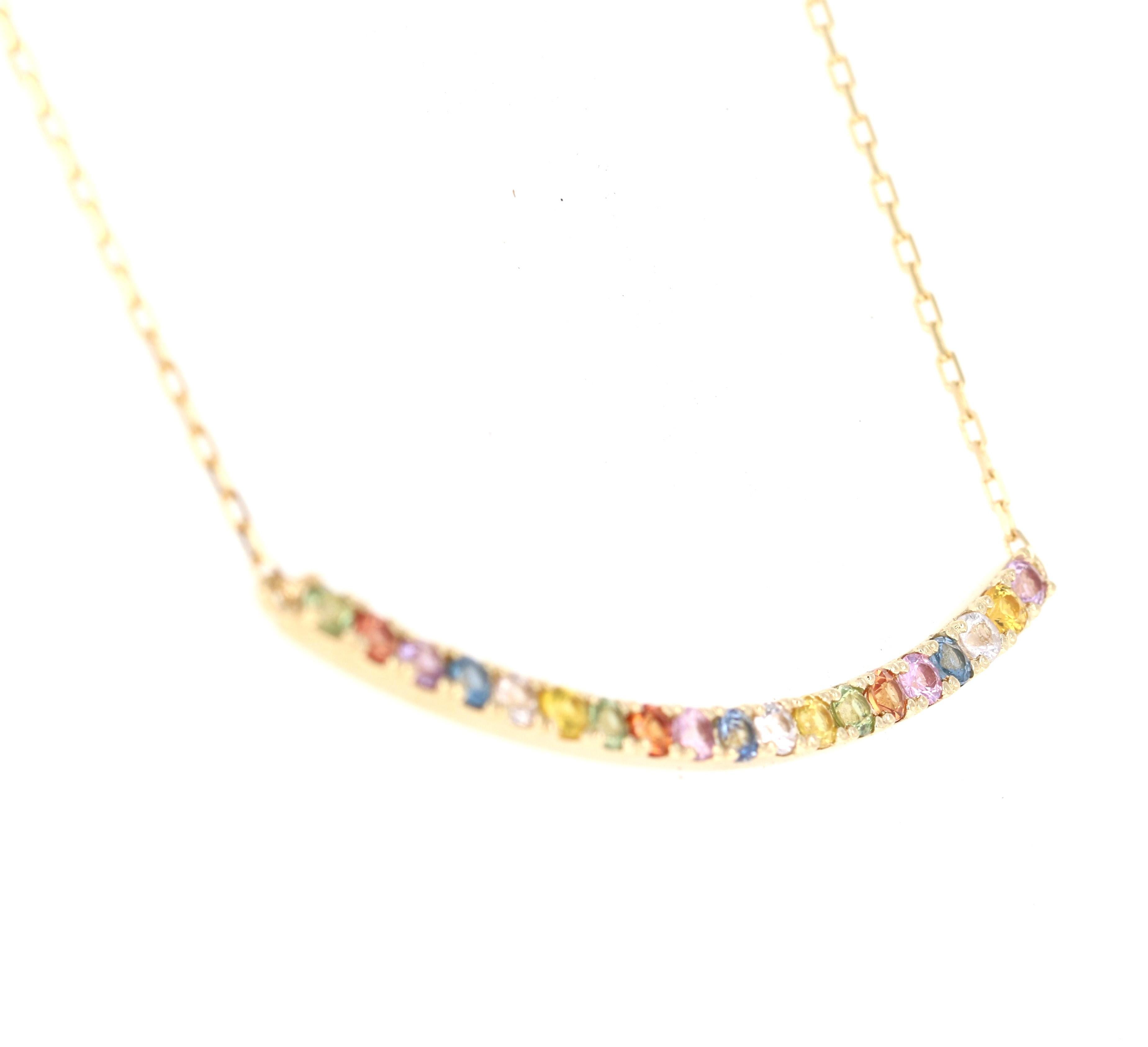 Women's 1.29 Carat Rainbow Sapphire Yellow Gold Bar Chain Necklace For Sale