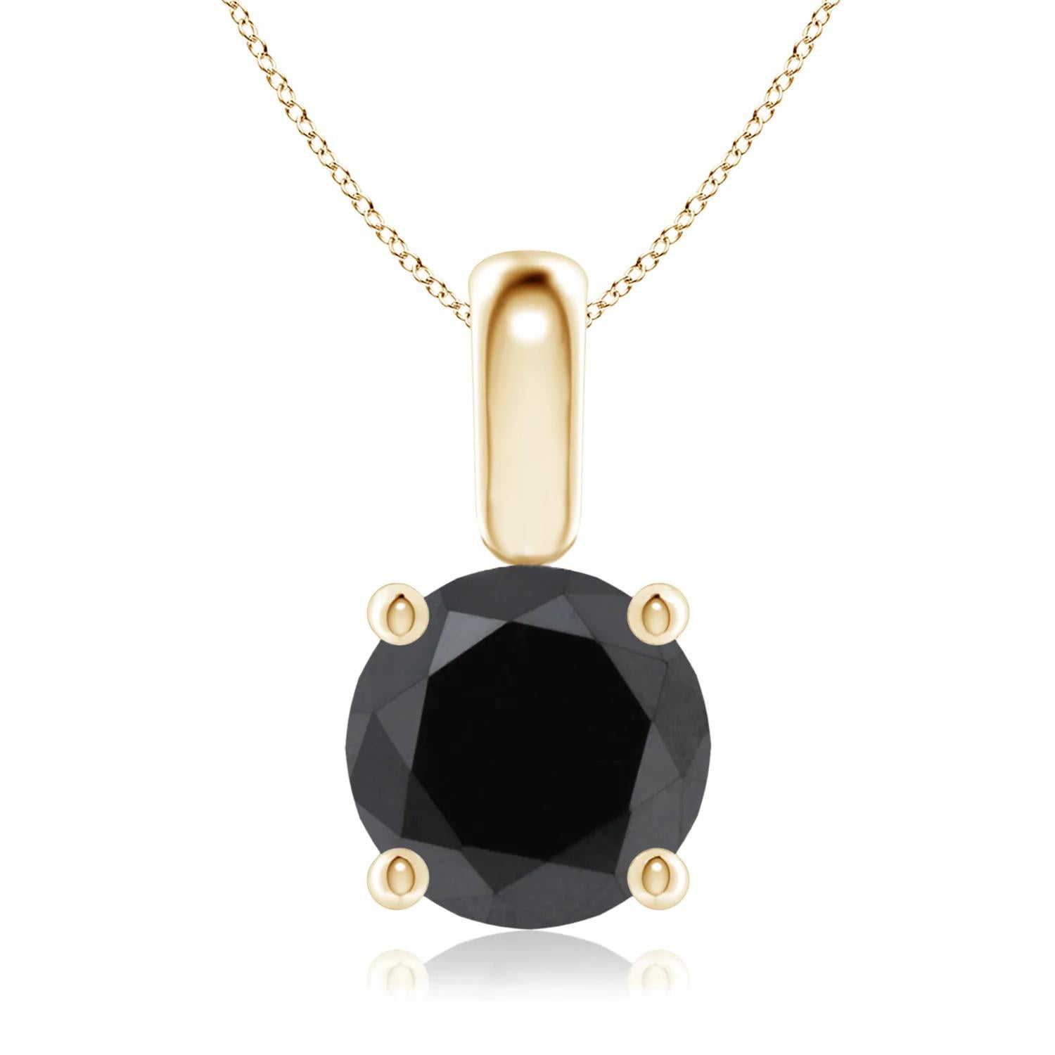 Contemporary 1.29 Carat Round Black Diamond Solitaire Pendant Necklace in 14K Yellow Gold