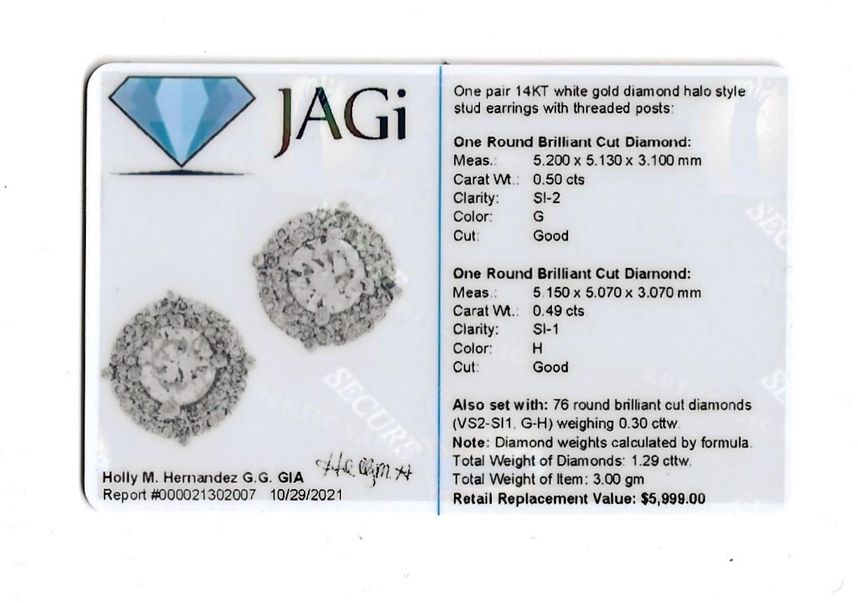 1.29 Carat Round Brilliant Pave Diamond Halo Stud Earrings 14 Karat White Gold For Sale 4