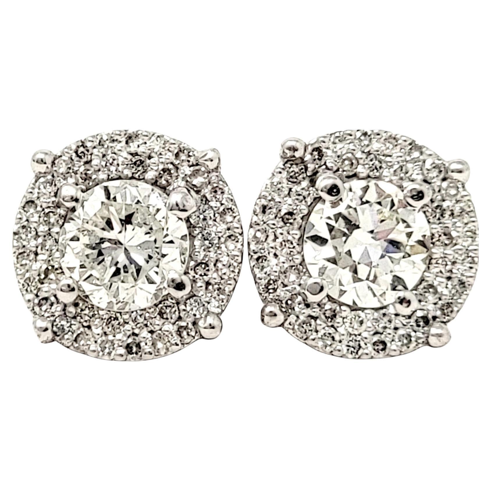 1.29 Carat Round Brilliant Pave Diamond Halo Stud Earrings 14 Karat White Gold For Sale