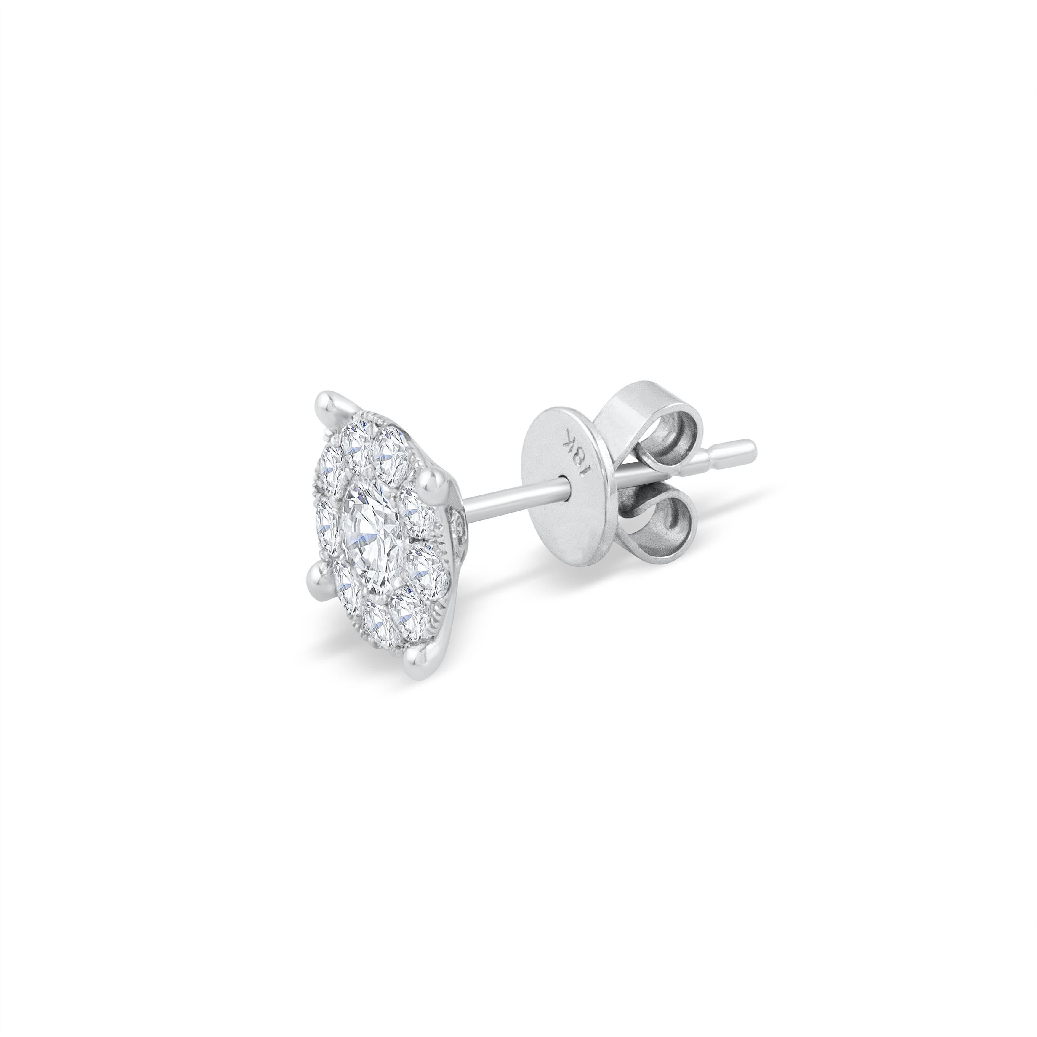A versatile piece to add sparkle to any outfit. These stud earrings feature a cluster of brilliant round diamonds set in 18k white gold. Weight of the diamonds is 1.29 carats total. 

Style available in different price ranges. Prices are based on