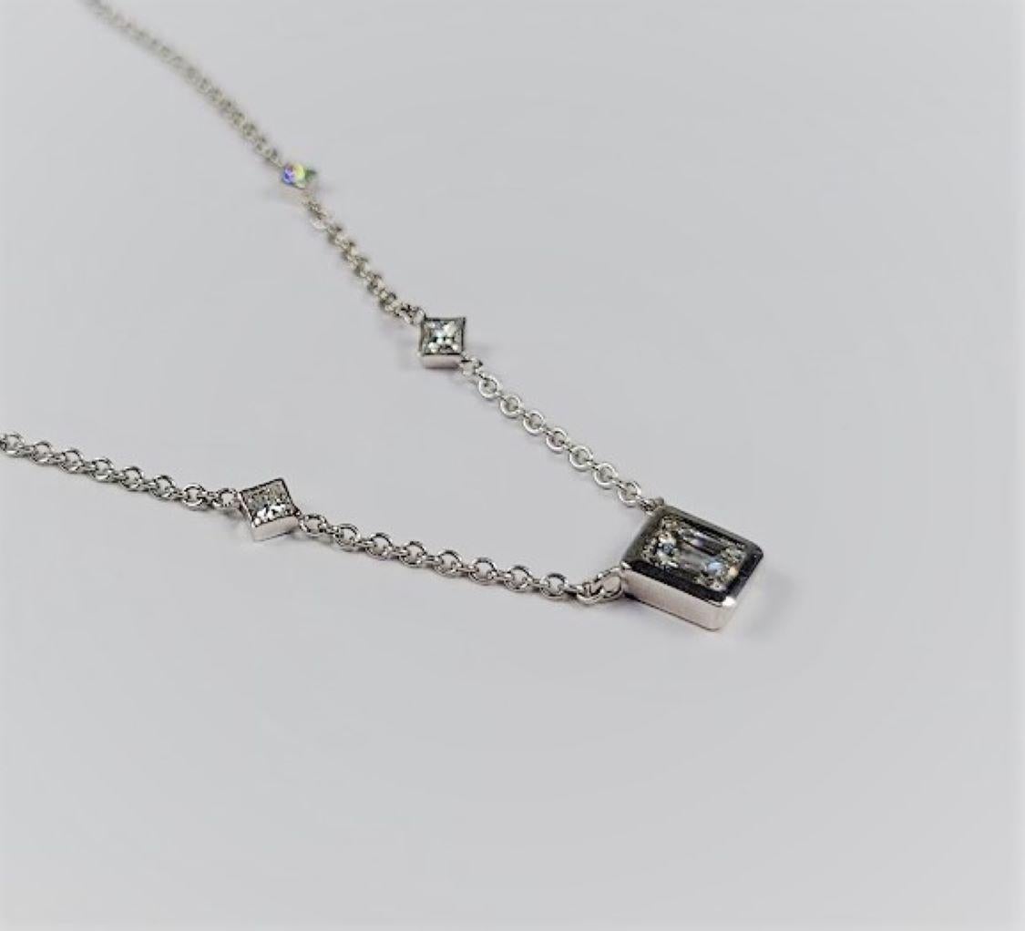 Emerald Cut 1.29 Carat White Gold Diamond Station Necklace For Sale